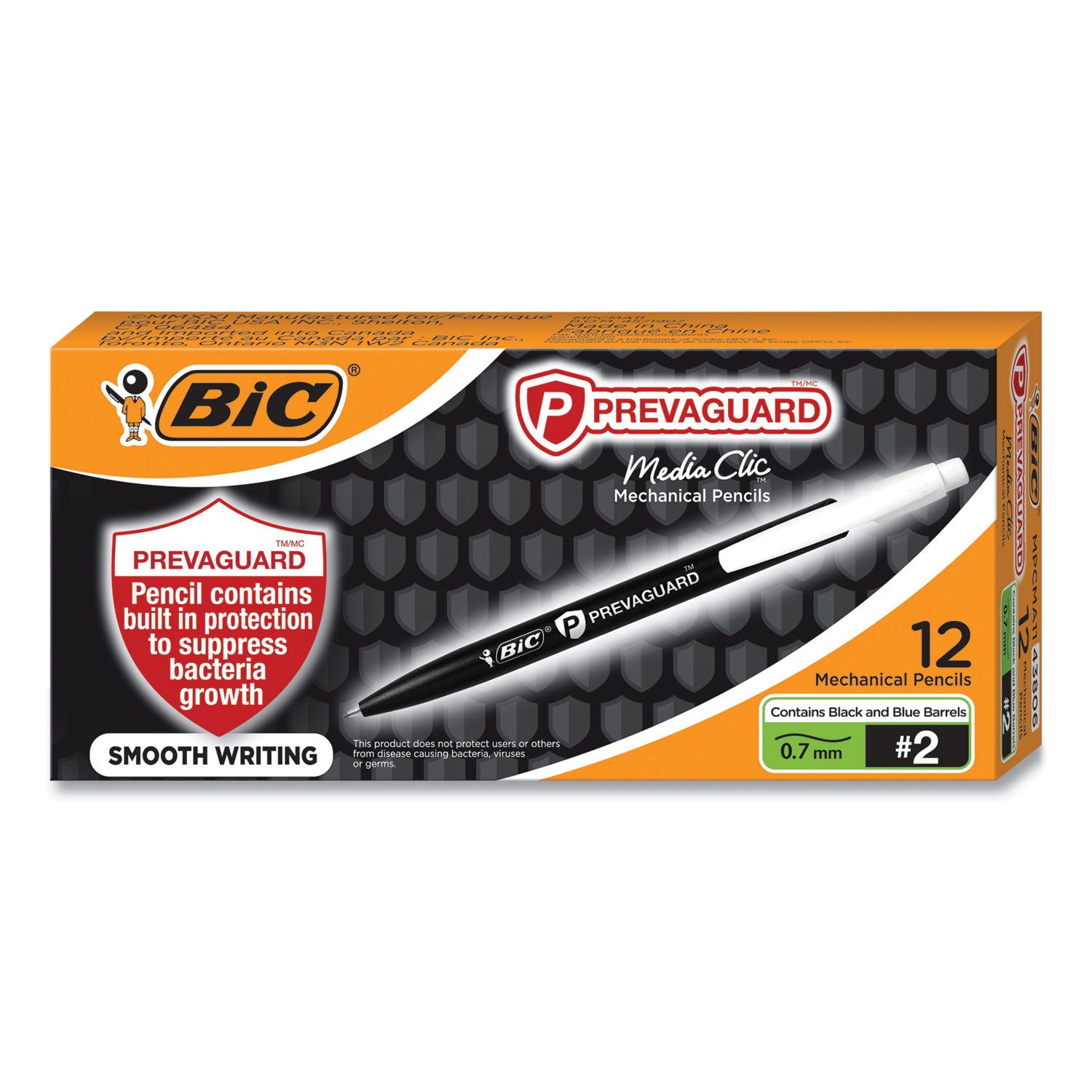 BIC® Prevaguard Media Clic Mechanical Pencils, 0.7 Mm, Hb (#2), Black Lead, 6 Black Barrel/6 Blue Barrel, Dozen