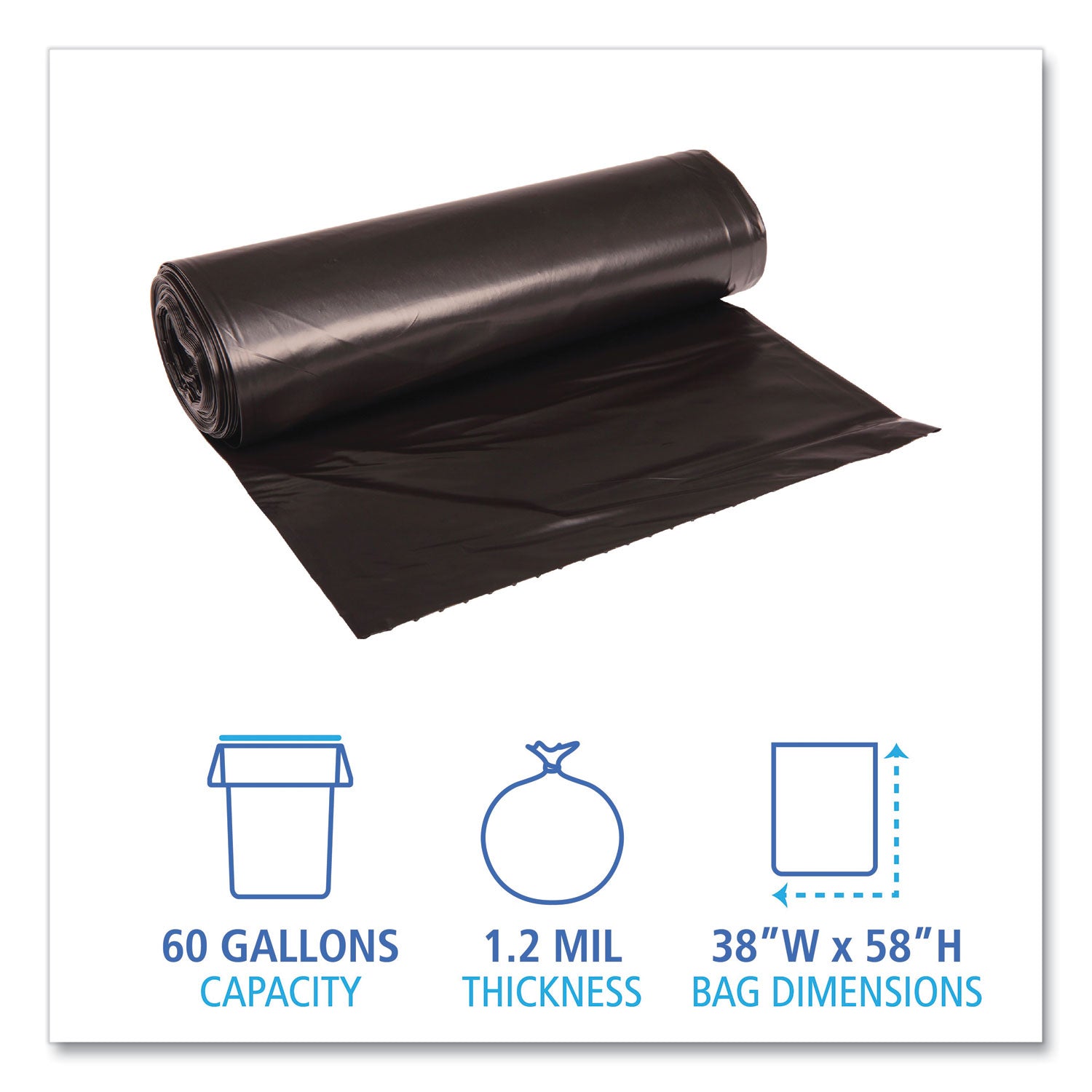 Boardwalk® Recycled Low-Density Polyethylene Can Liners, 60 gal, 1.2 mil, 38" x 58", Black, Perforated, 10 Bags/Roll, 10 Rolls/Carton