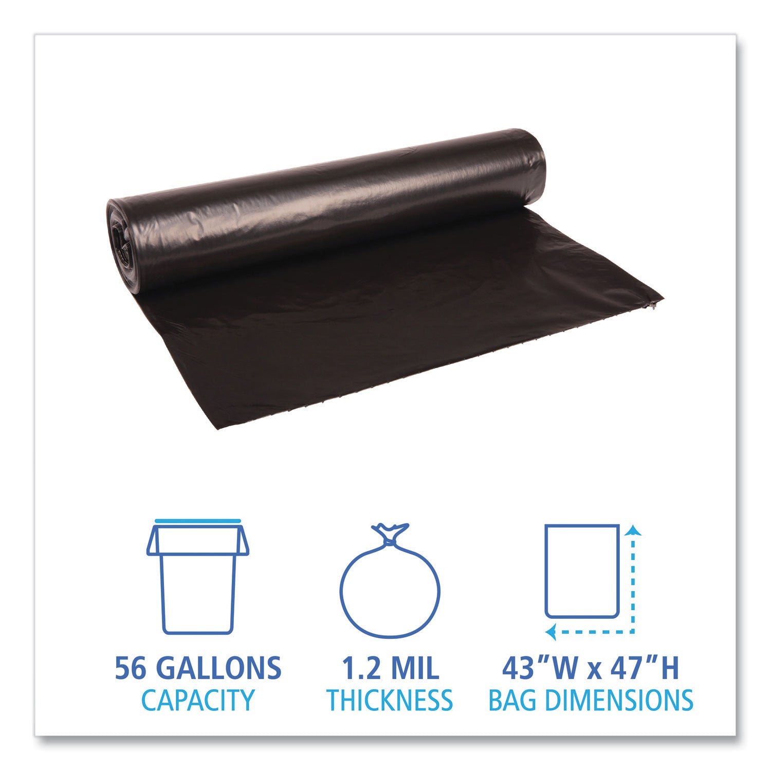 Boardwalk® Recycled Low-Density Polyethylene Can Liners, 56 gal, 1.2 mil, 43" x 47", Black, Perforated, 10 Bags/Roll, 10 Rolls/Carton