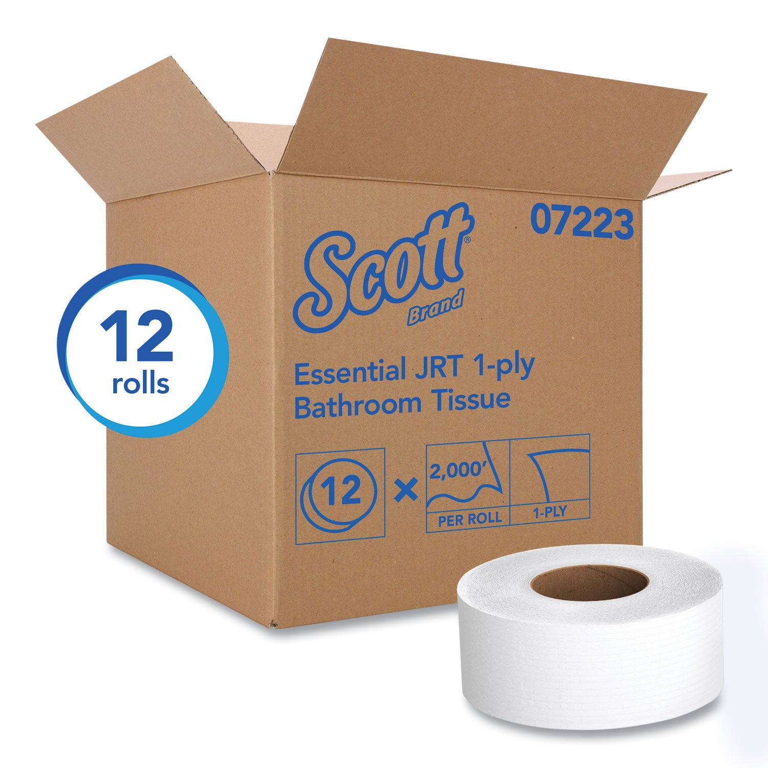 Scott® Essential JRT Jumbo Roll Bathroom Tissue, Septic Safe, 1-Ply, White, 3.55" x 2,000 ft, 12 Rolls/Carton