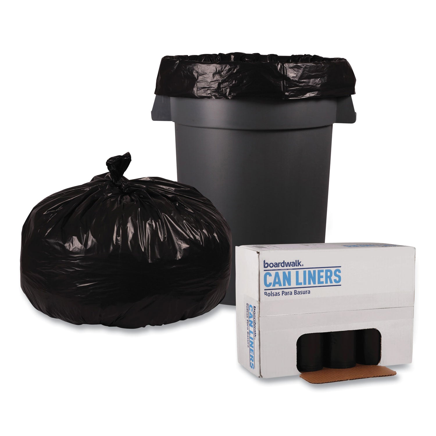 Boardwalk® Recycled Low-Density Polyethylene Can Liners, 60 gal, 1.2 mil, 38" x 58", Black, Perforated, 10 Bags/Roll, 10 Rolls/Carton