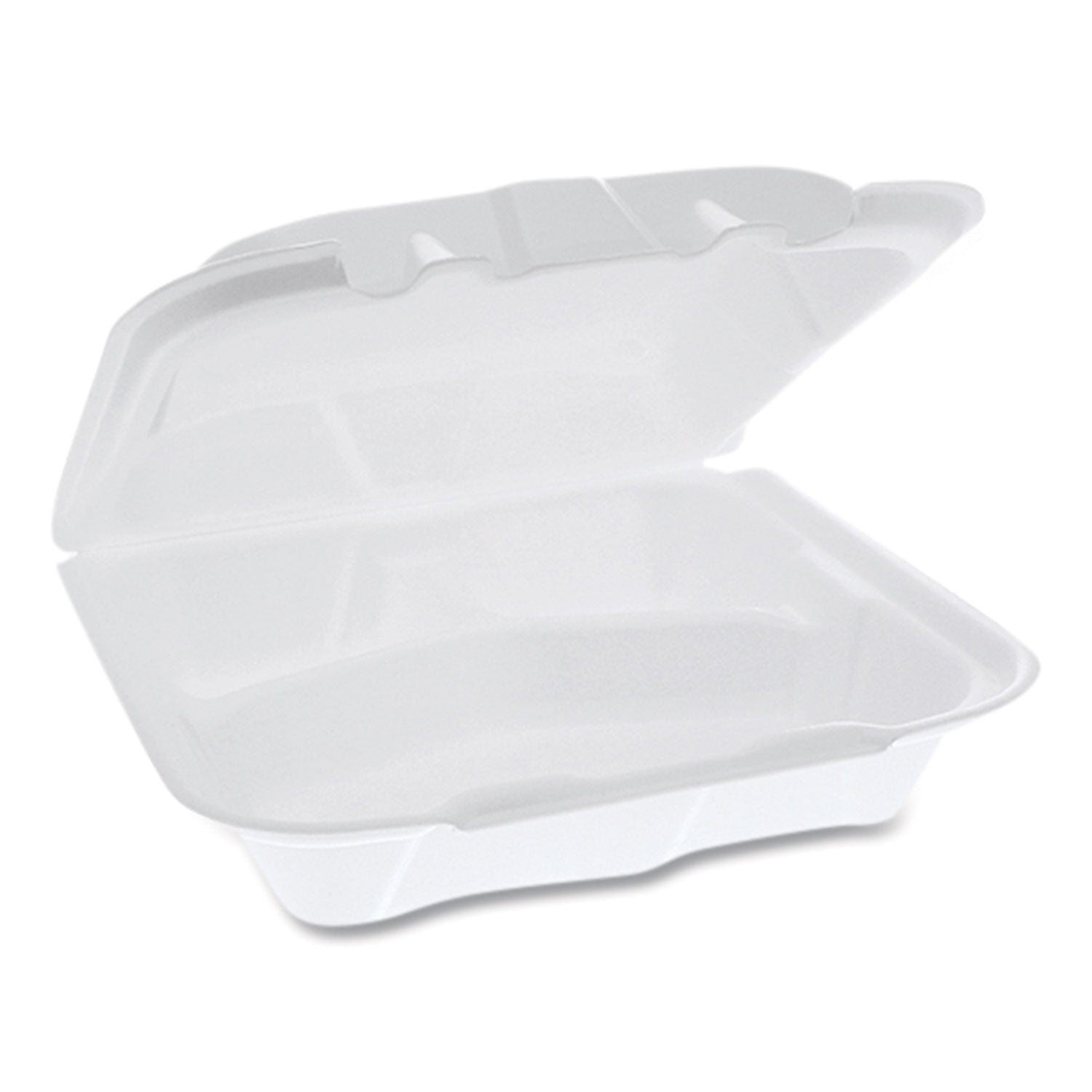 Pactiv Evergreen Vented Foam Hinged Lid Container, Dual Tab Lock, 3 Compartments, 8.42 x 8.15 x 3, White, 150/Carton