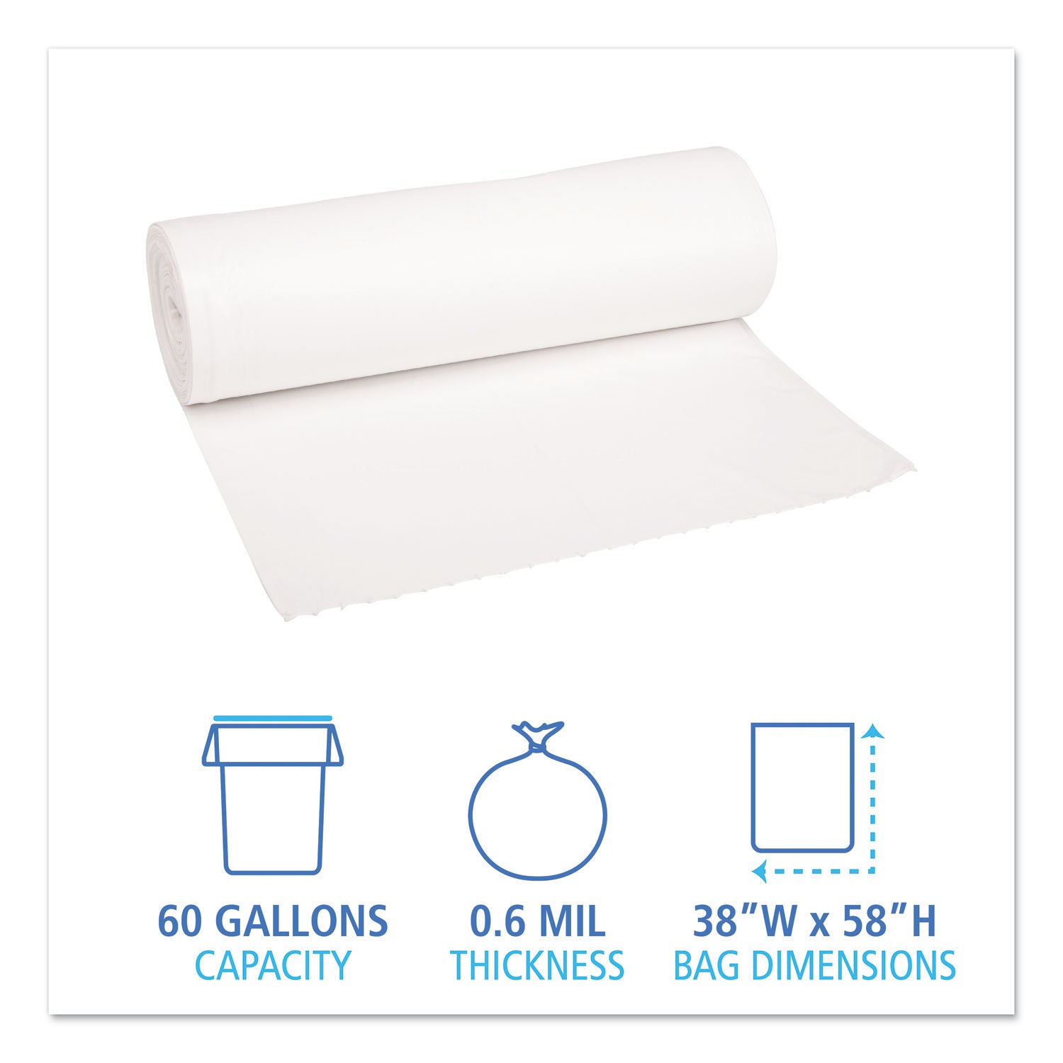 Boardwalk® Low-Density Waste Can Liners, 60 gal, 0.6 mil, 38" x 58", White, Perforated Roll, 25 Bags/Roll, 4 Rolls/Carton