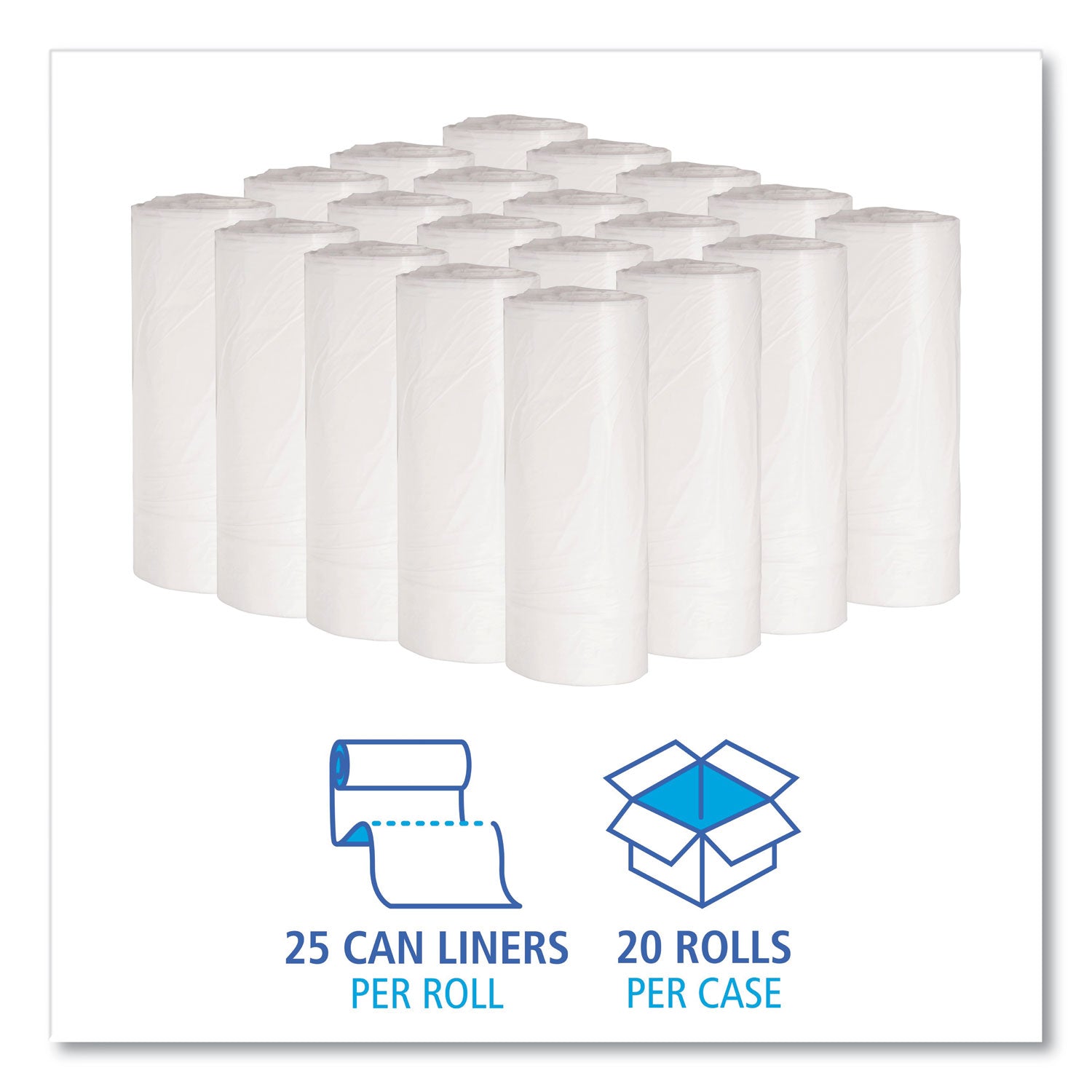 Boardwalk® Low-Density Waste Can Liners, 16 gal, 0.4 mil, 24" x 32", White, Perforated Roll, 25 Bags/Roll, 20 Rolls/Carton