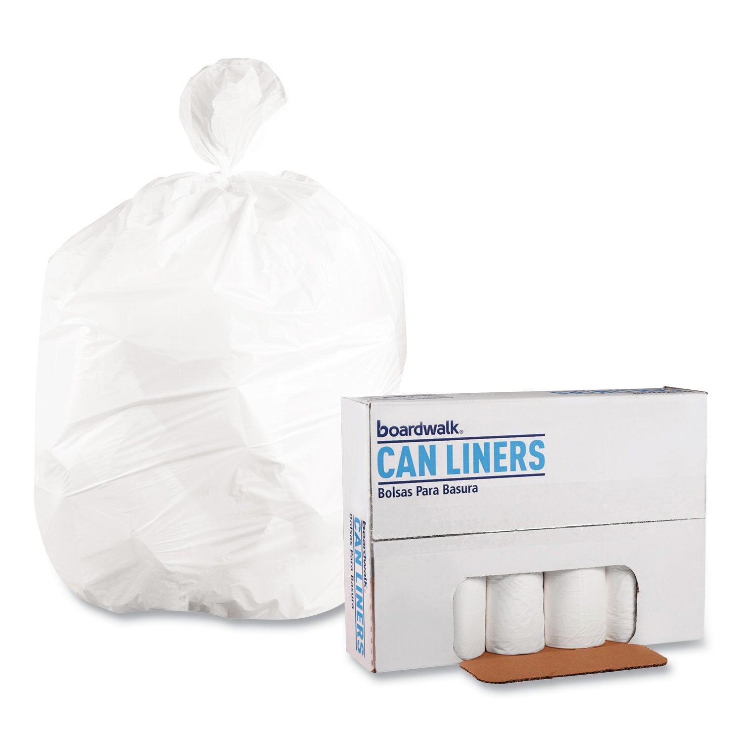 Boardwalk® Low-Density Waste Can Liners, 60 gal, 0.6 mil, 38" x 58", White, Perforated Roll, 25 Bags/Roll, 4 Rolls/Carton