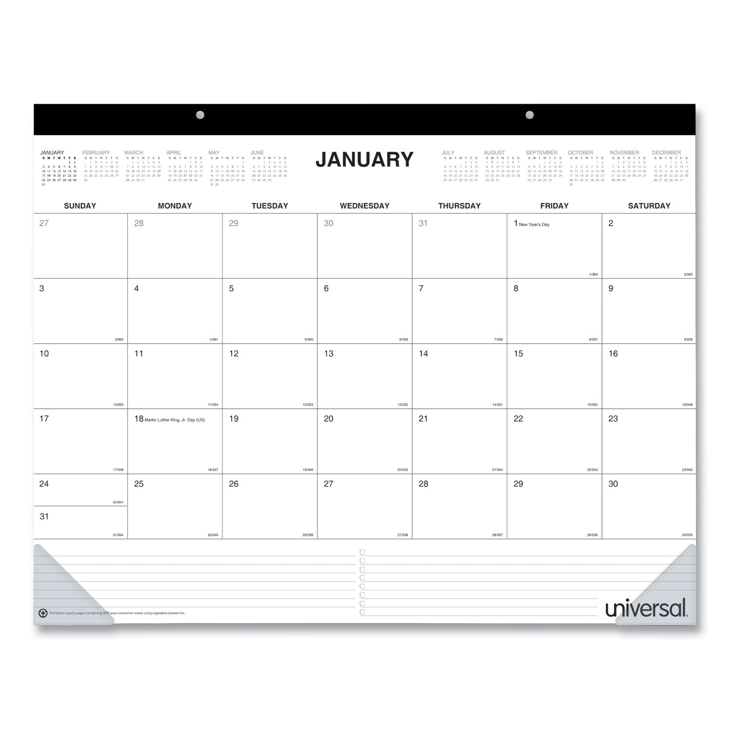 Desk Pad Calendar, 22 x 17, White Sheets, Black Binding, Clear Corners, 12-Month (Jan to Dec): 2025