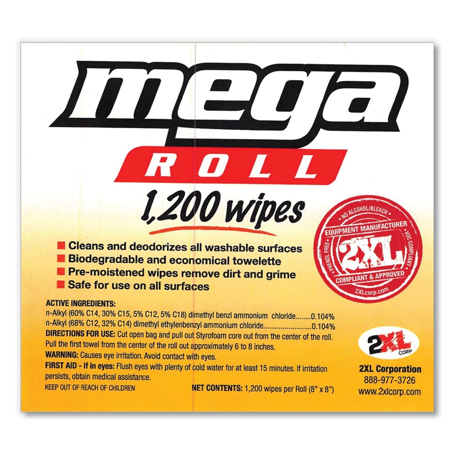 2XL Gym Wipes Mega Roll Refill, 8 x 8, Unscented, White, 1,200/Roll, 2 Rolls/Carton