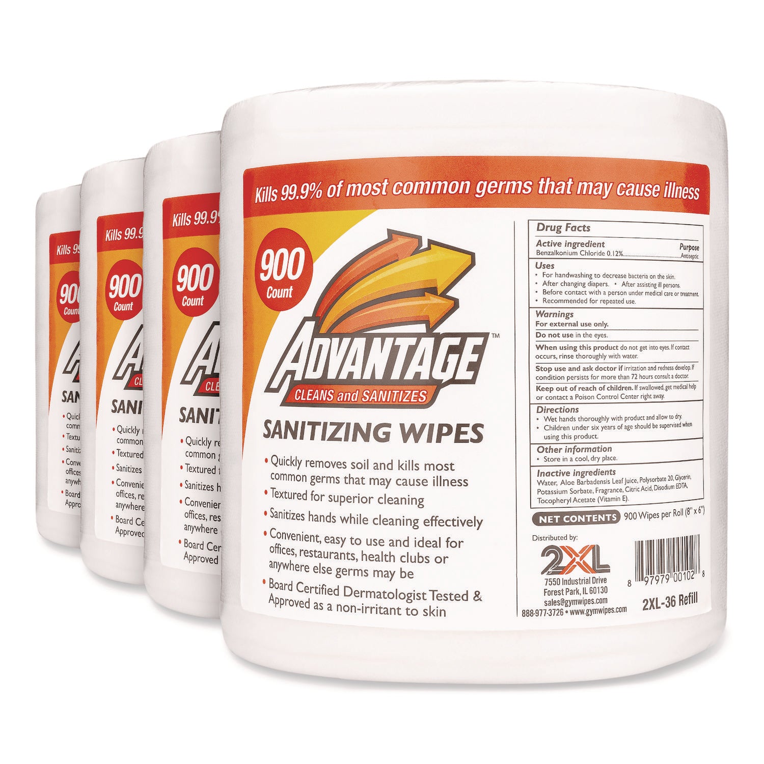 2XL Gym Wipes Advantage, 1-Ply, 6 x 8, Unscented, White, 900/Roll, 4 Rolls/Carton