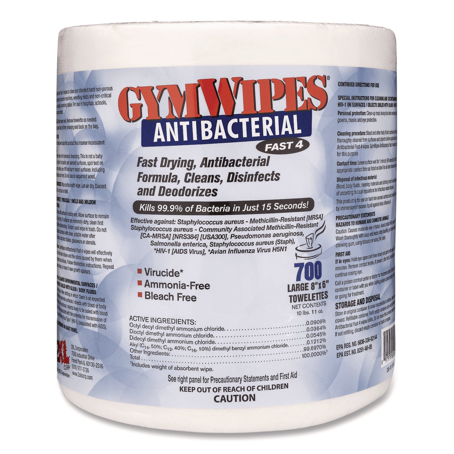 2XL Antibacterial Gym Wipes Refill, 1-Ply, 6 x 8, Unscented, White, 700 Wipes/Pack, 4 Packs/Carton