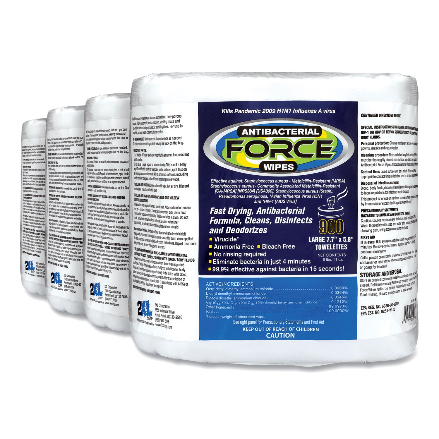 2XL FORCE Disinfecting Wipes Refill, 1-Ply, 6 x 8, Unscented, White, 900/Pack, 4 Packs/Carton