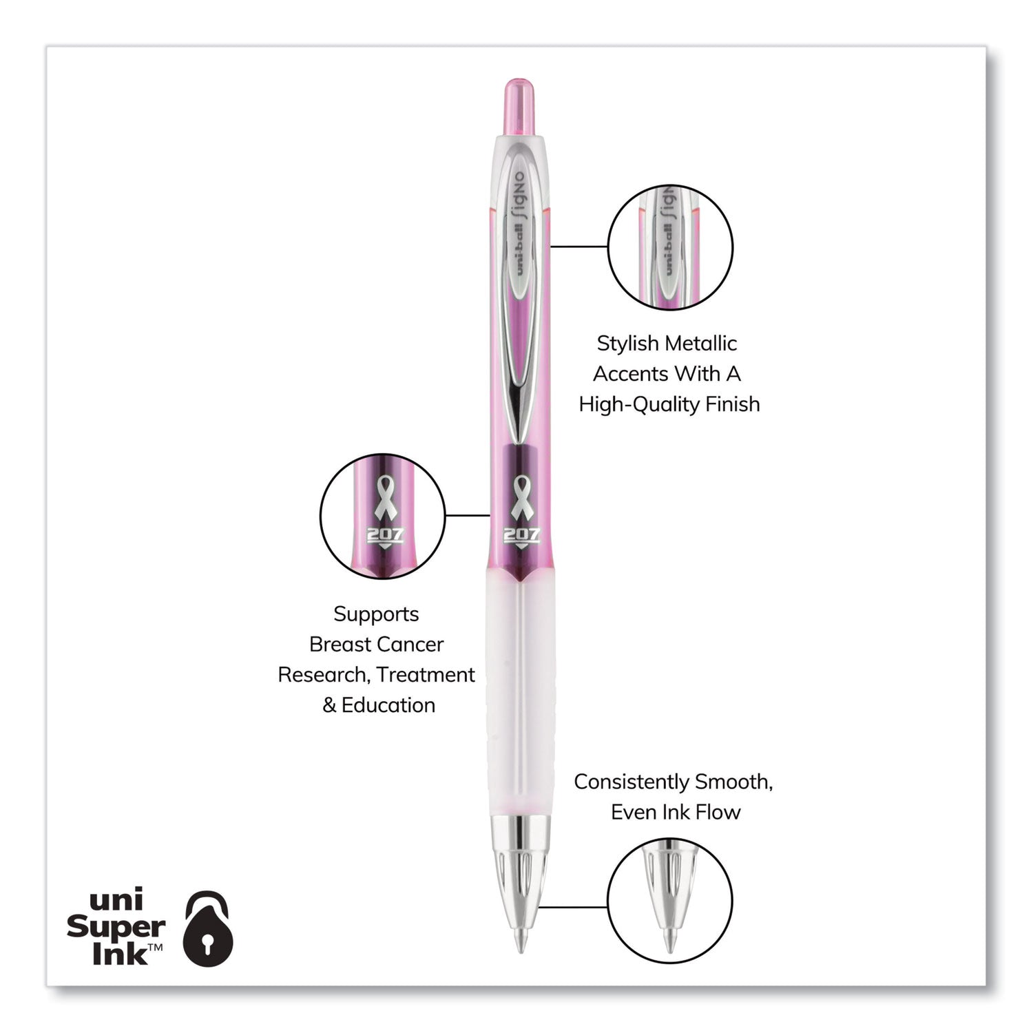 uniball® Signo 207 City of Hope Edition Gel Pen, Retractable, Medium 0.7 mm, Black Ink, Translucent Pink/White Barrel, Dozen