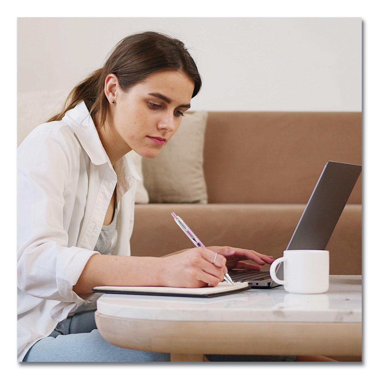 uniball® Signo 207 City of Hope Edition Gel Pen, Retractable, Medium 0.7 mm, Black Ink, Translucent Pink/White Barrel, Dozen