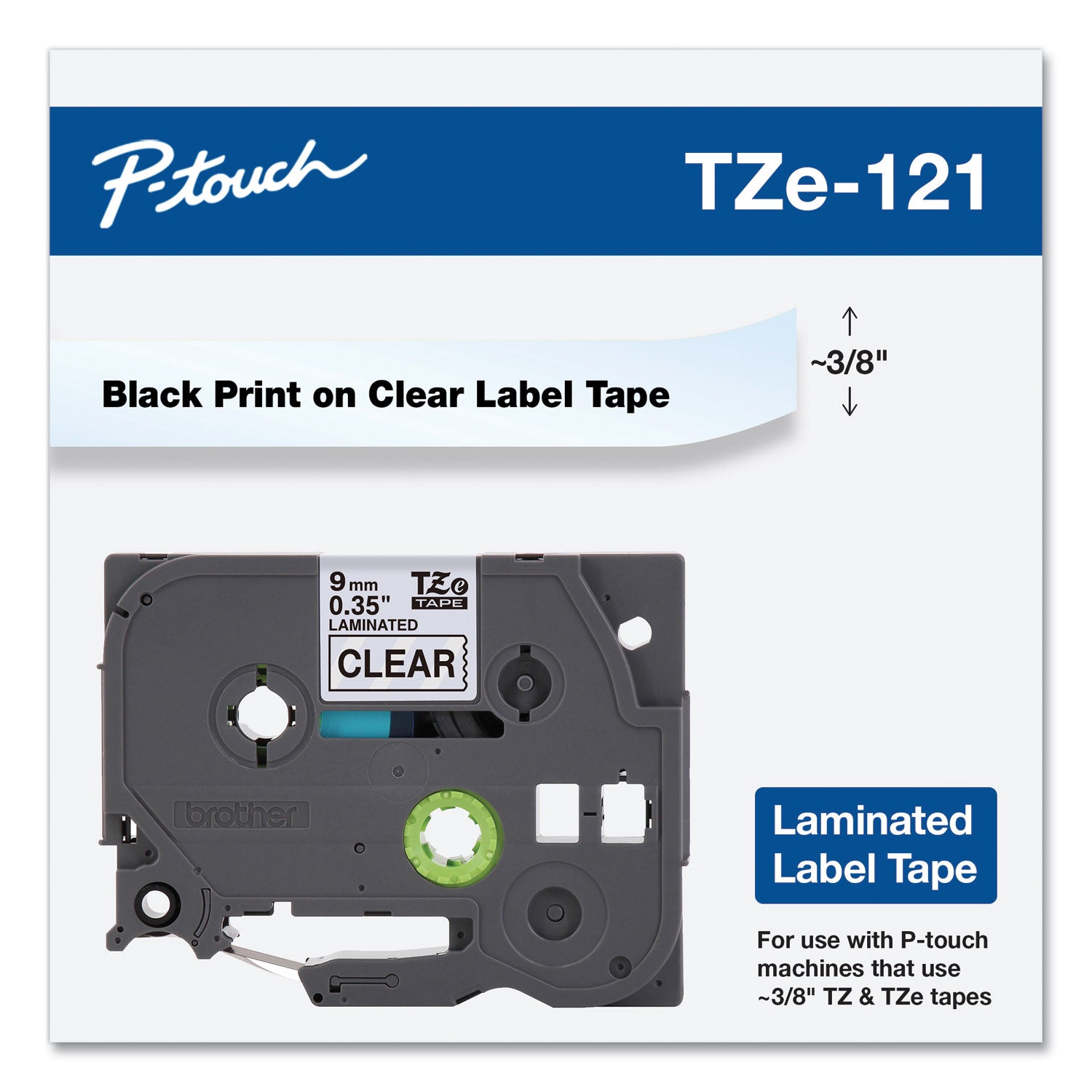 Brother P-Touch® Tze Standard Adhesive Laminated Labeling Tape, 0.35" X 26.2 Ft, Black On Clear