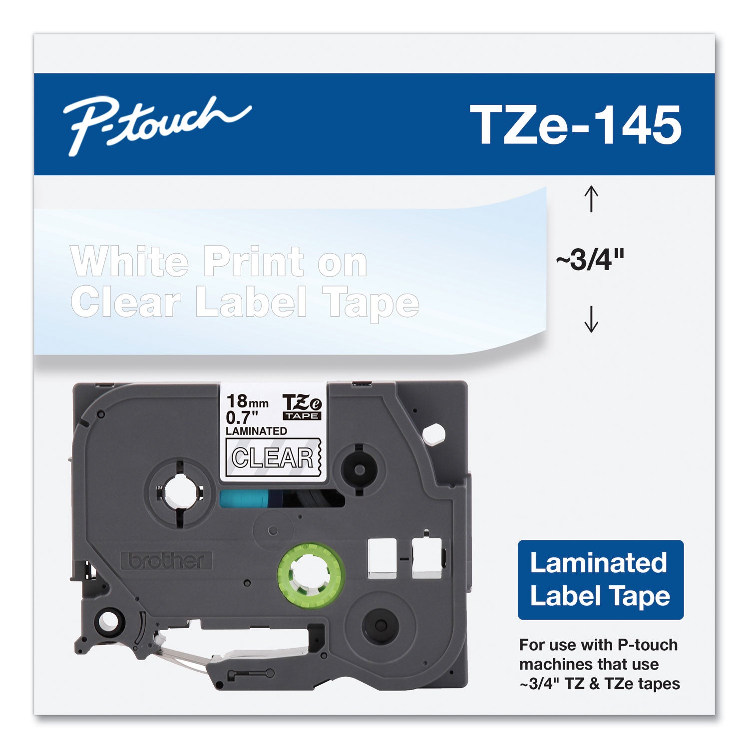 Brother P-Touch® Tze Standard Adhesive Laminated Labeling Tape, 0.7" X 26.2 Ft, White On Clear