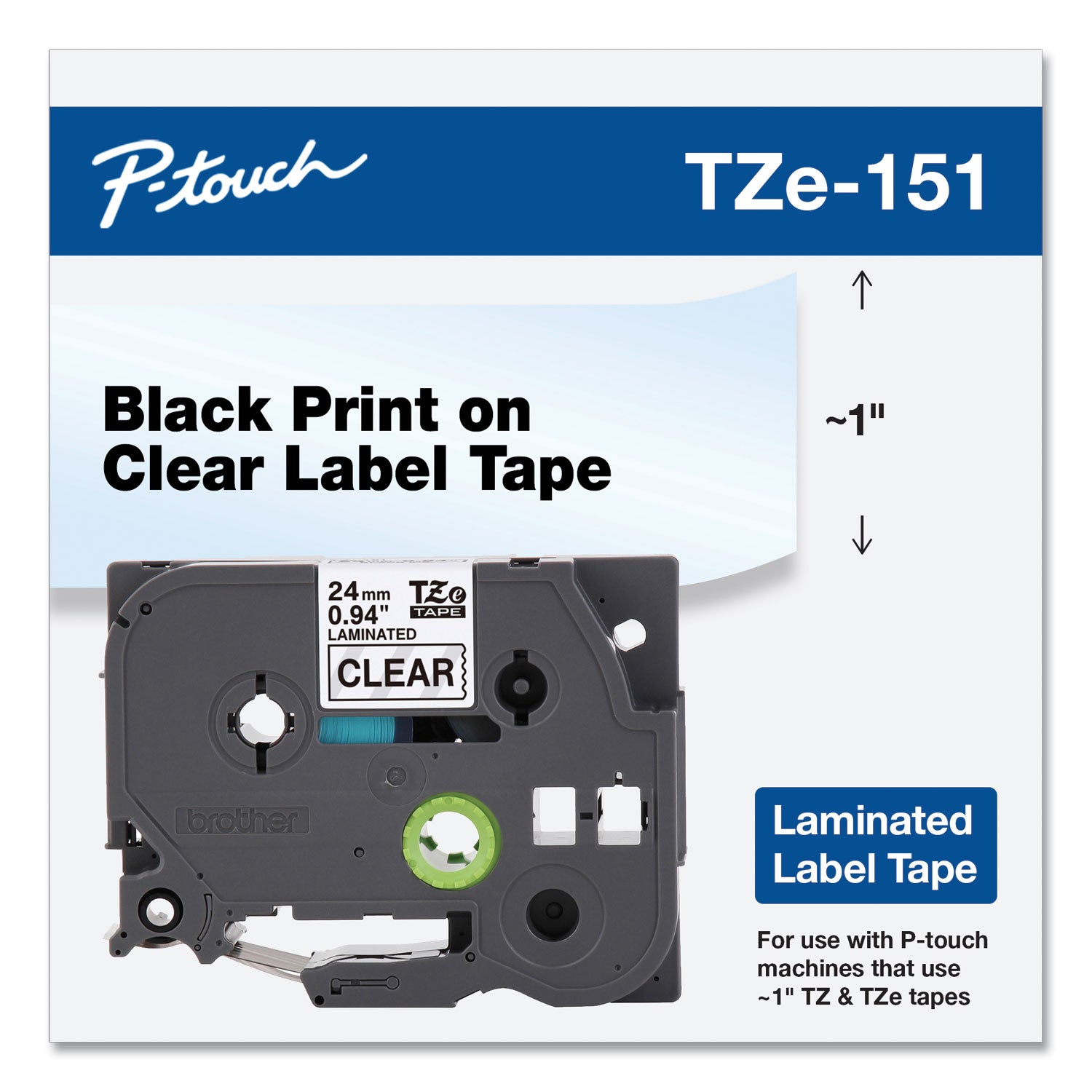 Brother P-Touch® Tze Standard Adhesive Laminated Labeling Tape, 0.94" X 26.2 Ft, Black On Clear