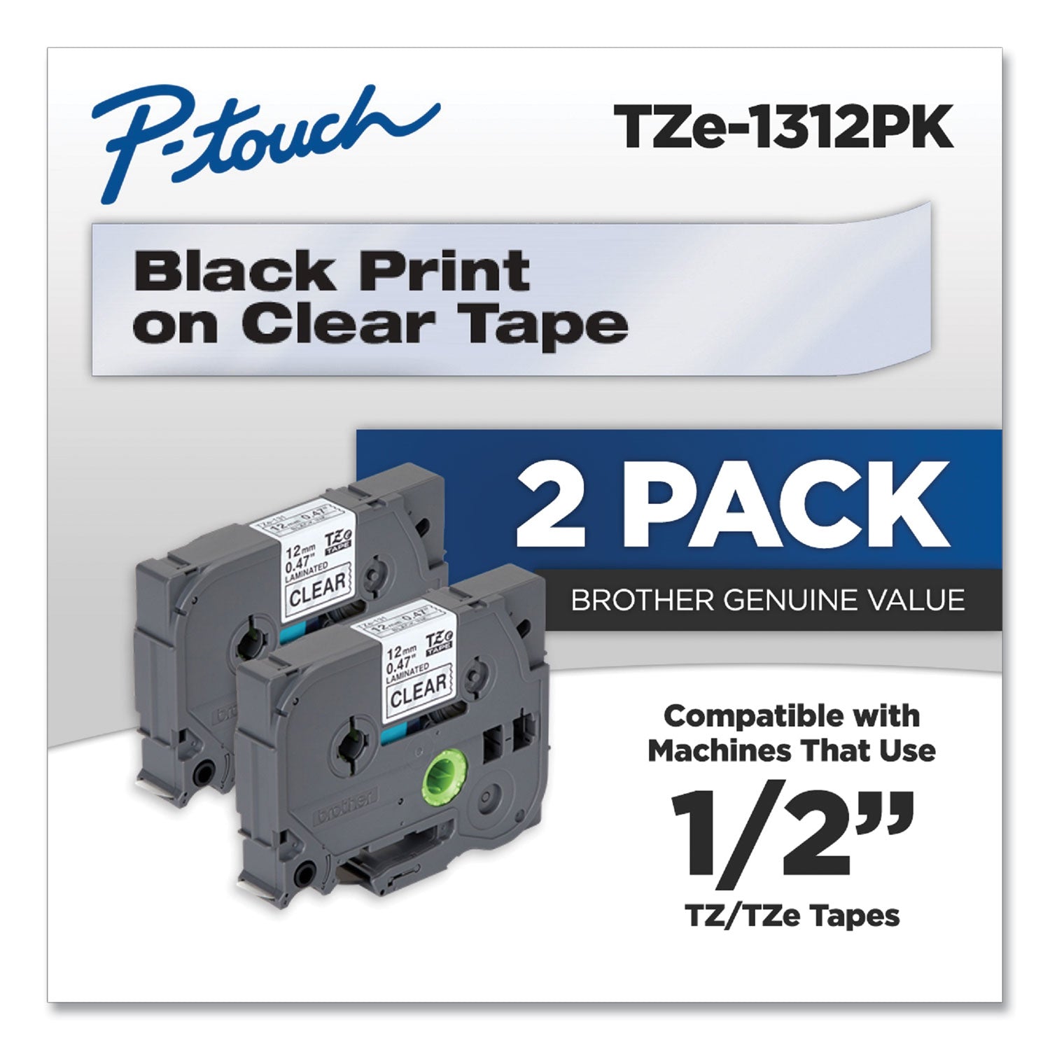 Brother P-Touch® Tze Standard Adhesive Laminated Labeling Tapes, 0.47" X 26.2 Ft, Black On Clear, 2/pack