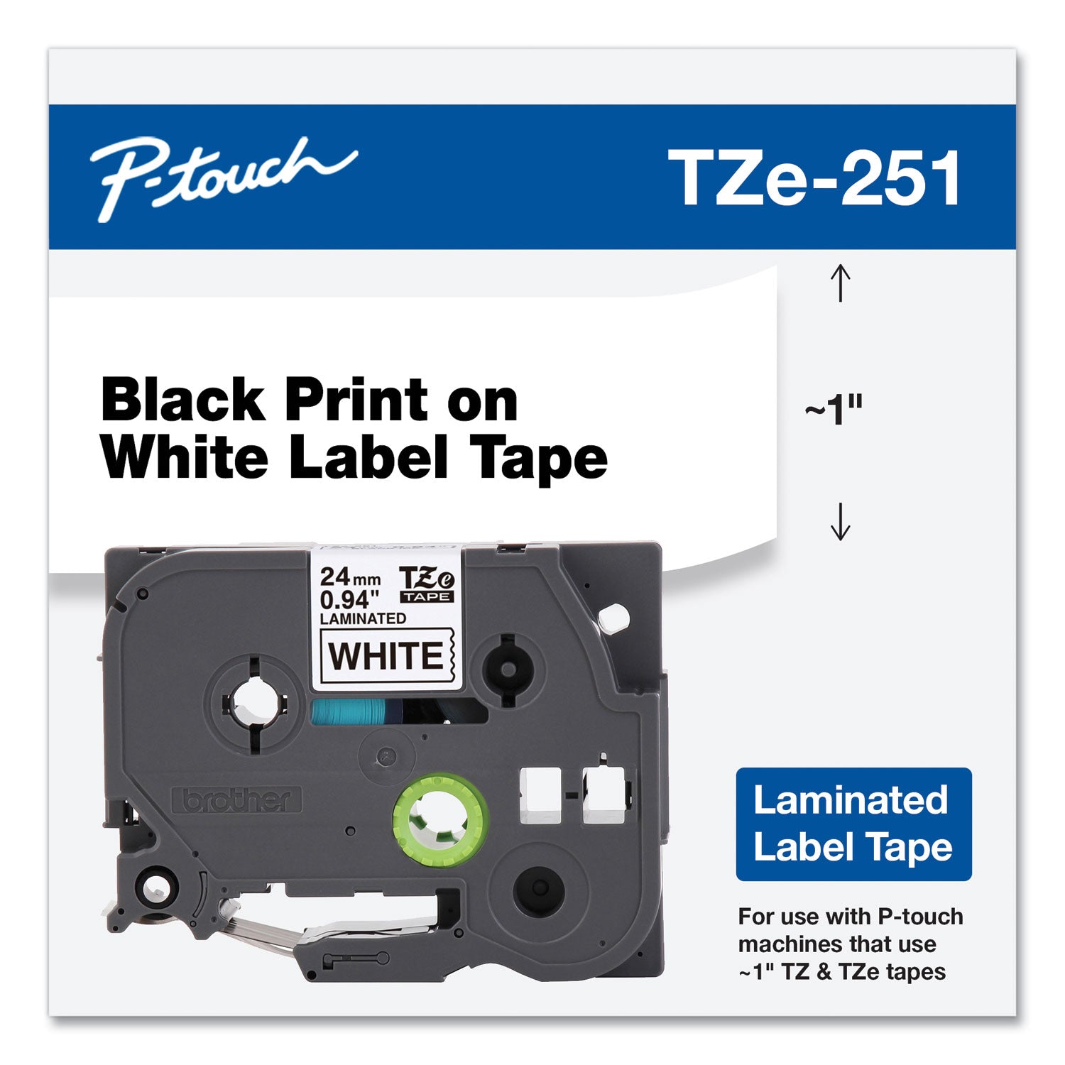 Brother P-Touch® Tze Standard Adhesive Laminated Labeling Tape, 0.94" X 26.2 Ft, Black On White