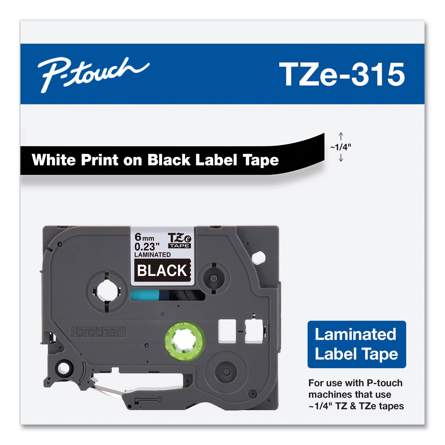 Brother P-Touch® Tze Standard Adhesive Laminated Labeling Tape, 0.23" X 26.2 Ft, White On Black