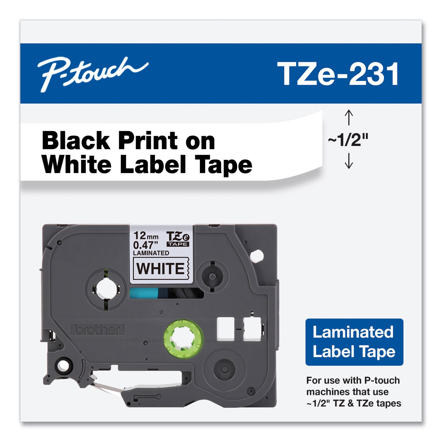 Brother P-Touch® Tze Standard Adhesive Laminated Labeling Tape, 0.47" X 26.2 Ft, Black On White