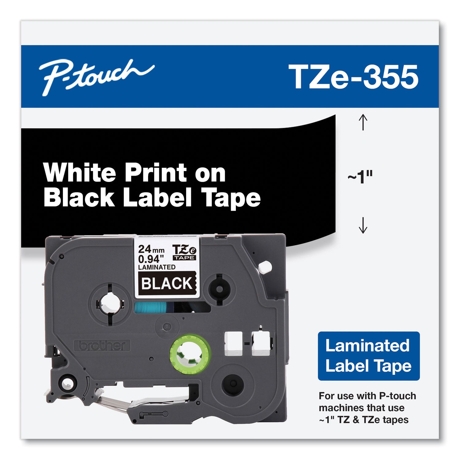 Brother P-Touch® Tze Standard Adhesive Laminated Labeling Tape, 0.94" X 26.2 Ft, White On Black