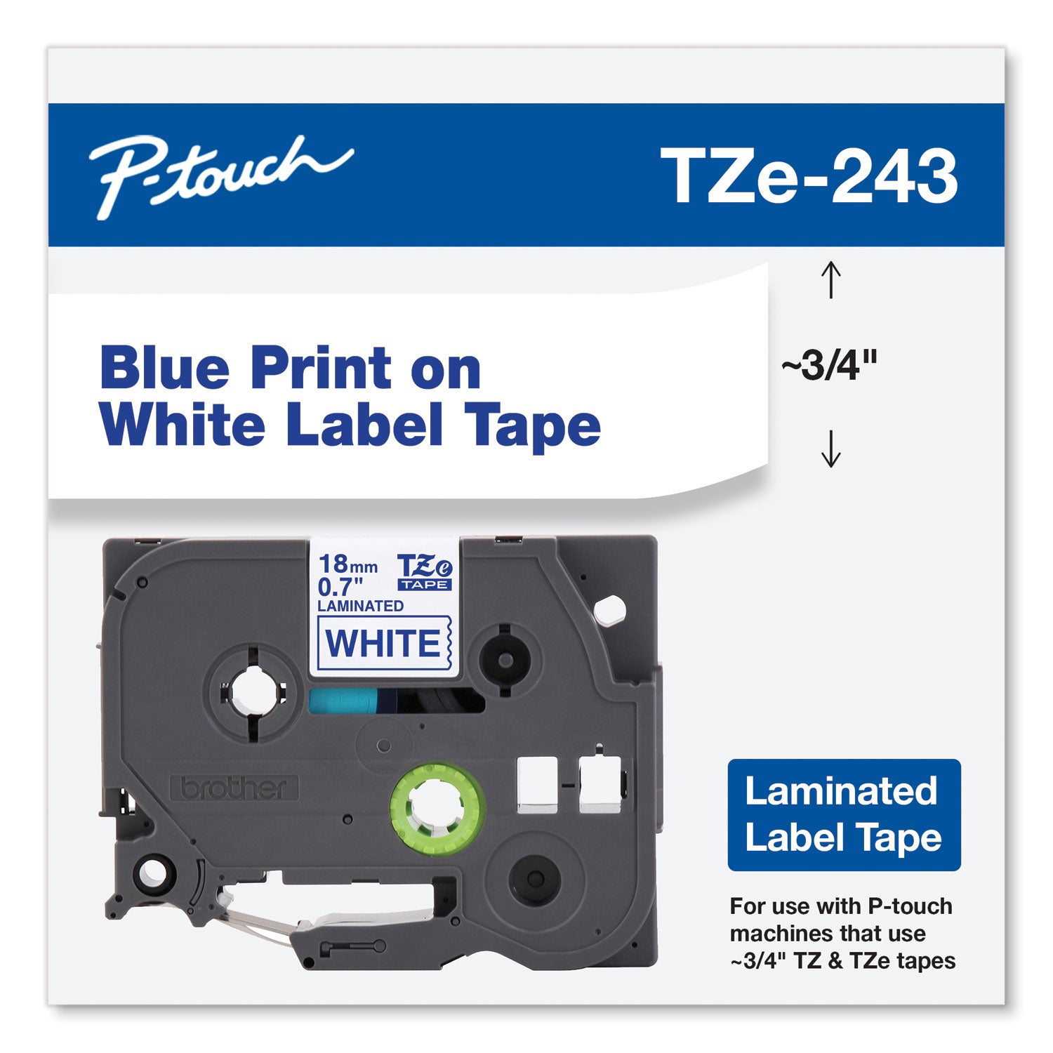Brother P-Touch® Tze Standard Adhesive Laminated Labeling Tape, 0.7" X 26.2 Ft, Blue On White
