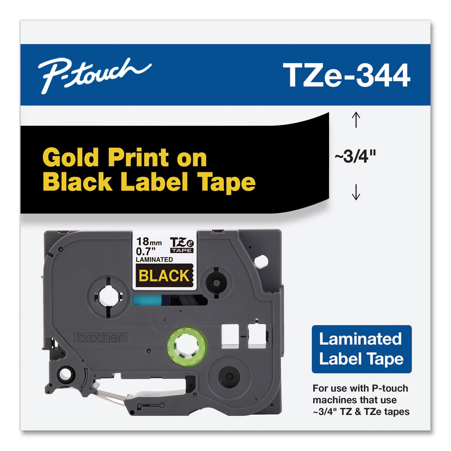 Brother P-Touch® Tze Standard Adhesive Laminated Labeling Tape, 0.7" X 26.2 Ft, Gold On Black