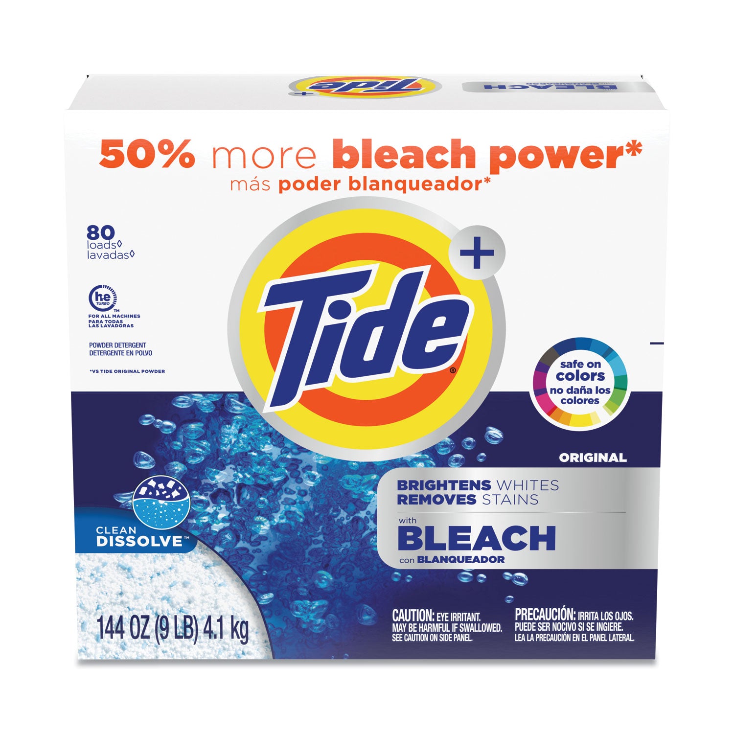 Tide® Laundry Detergent with Bleach, HE Compatible, 80 Loads, Tide Original Scent, Powder, 144 oz Box, 2/Carton