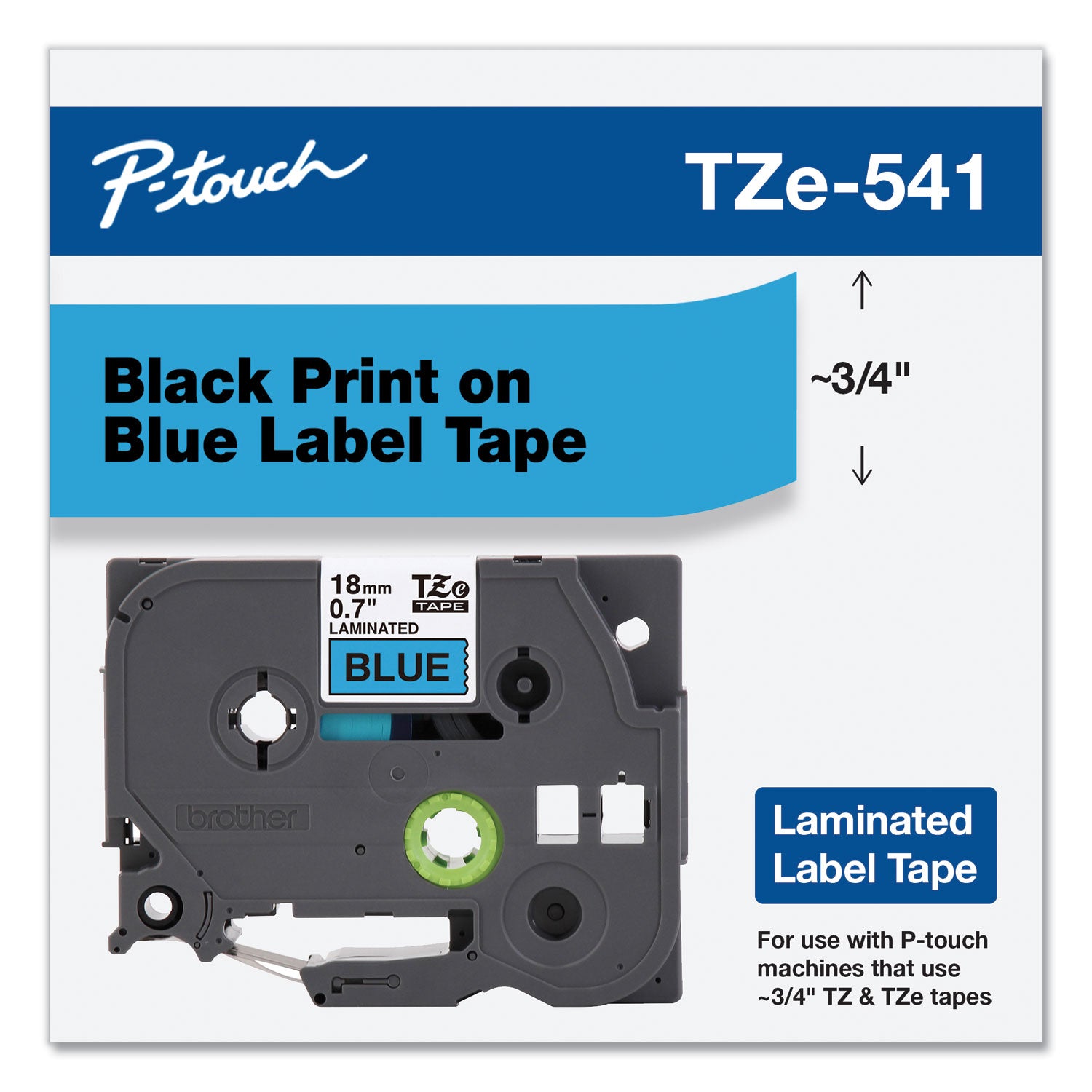 Brother P-Touch® Tze Standard Adhesive Laminated Labeling Tape, 0.7" X 26.2 Ft, Black On Blue