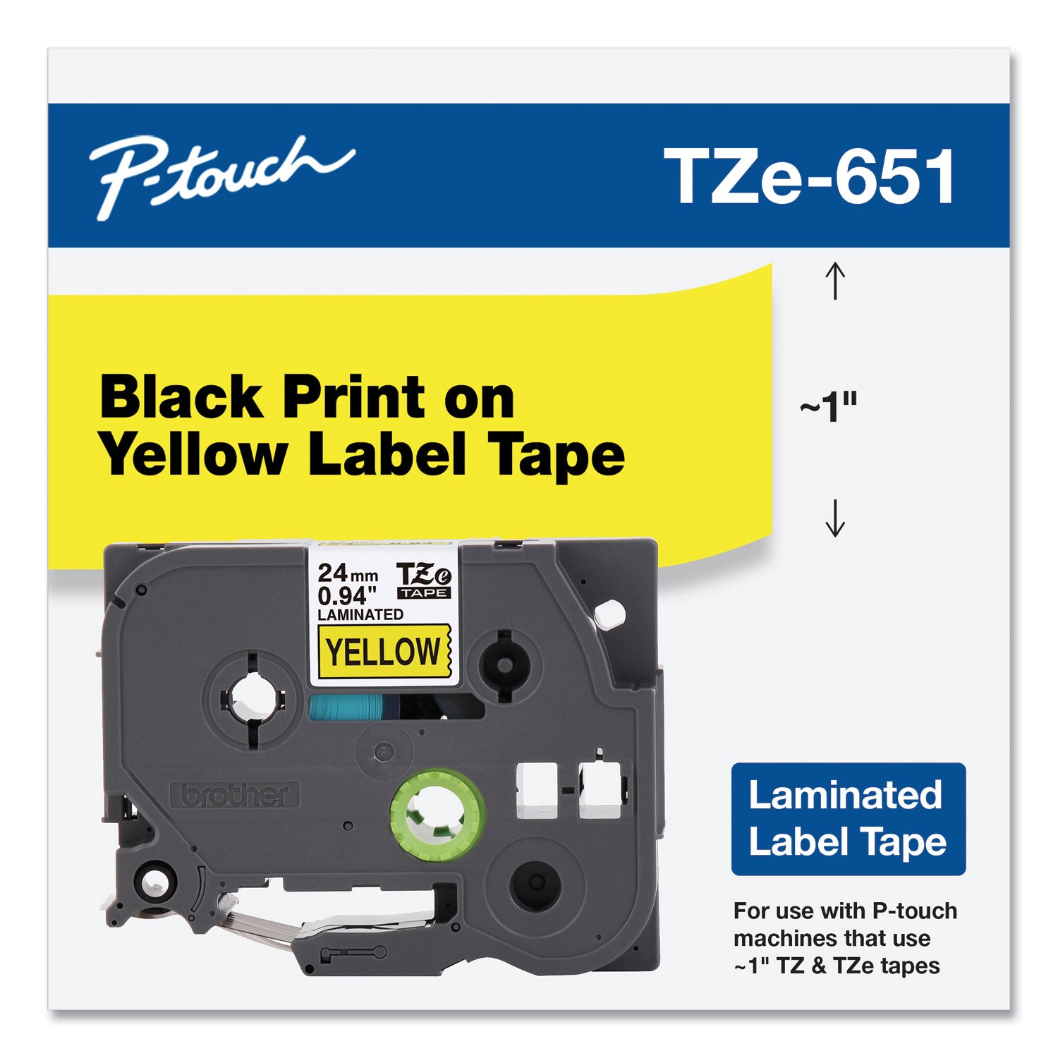 Brother P-Touch® Tze Standard Adhesive Laminated Labeling Tape, 0.94" X 26.2 Ft, Black On Yellow