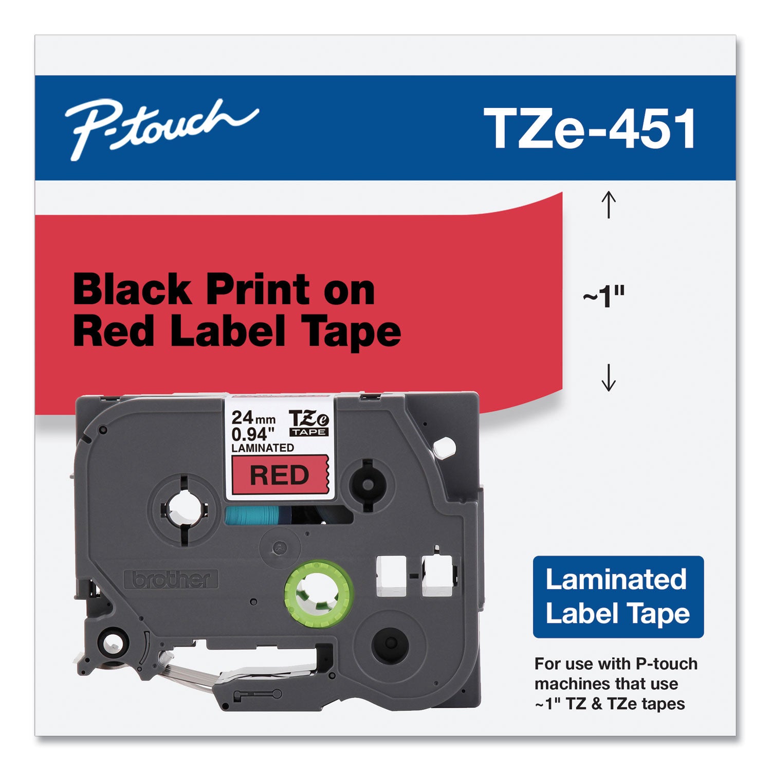 Brother P-Touch® Tze Standard Adhesive Laminated Labeling Tape, 0.94" X 26.2 Ft, Black On Red