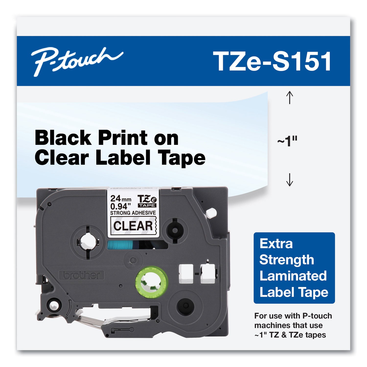 Brother P-Touch® Tze Extra-Strength Adhesive Laminated Labeling Tape, 0.94" X 26.2 Ft, Black On Clear