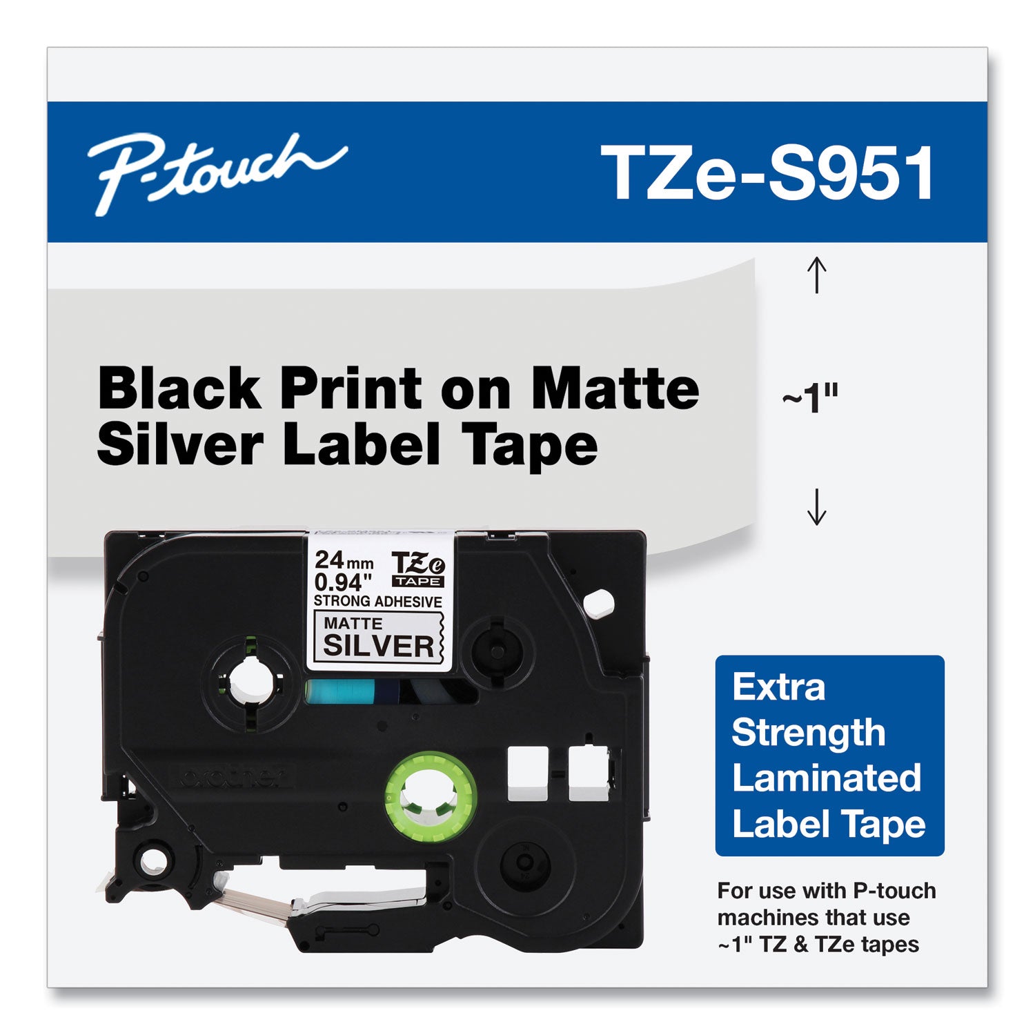 Brother P-Touch® Tz Extra-Strength Adhesive Laminated Labeling Tape, 0.94" X 26.2 Ft, Black On Matte Silver