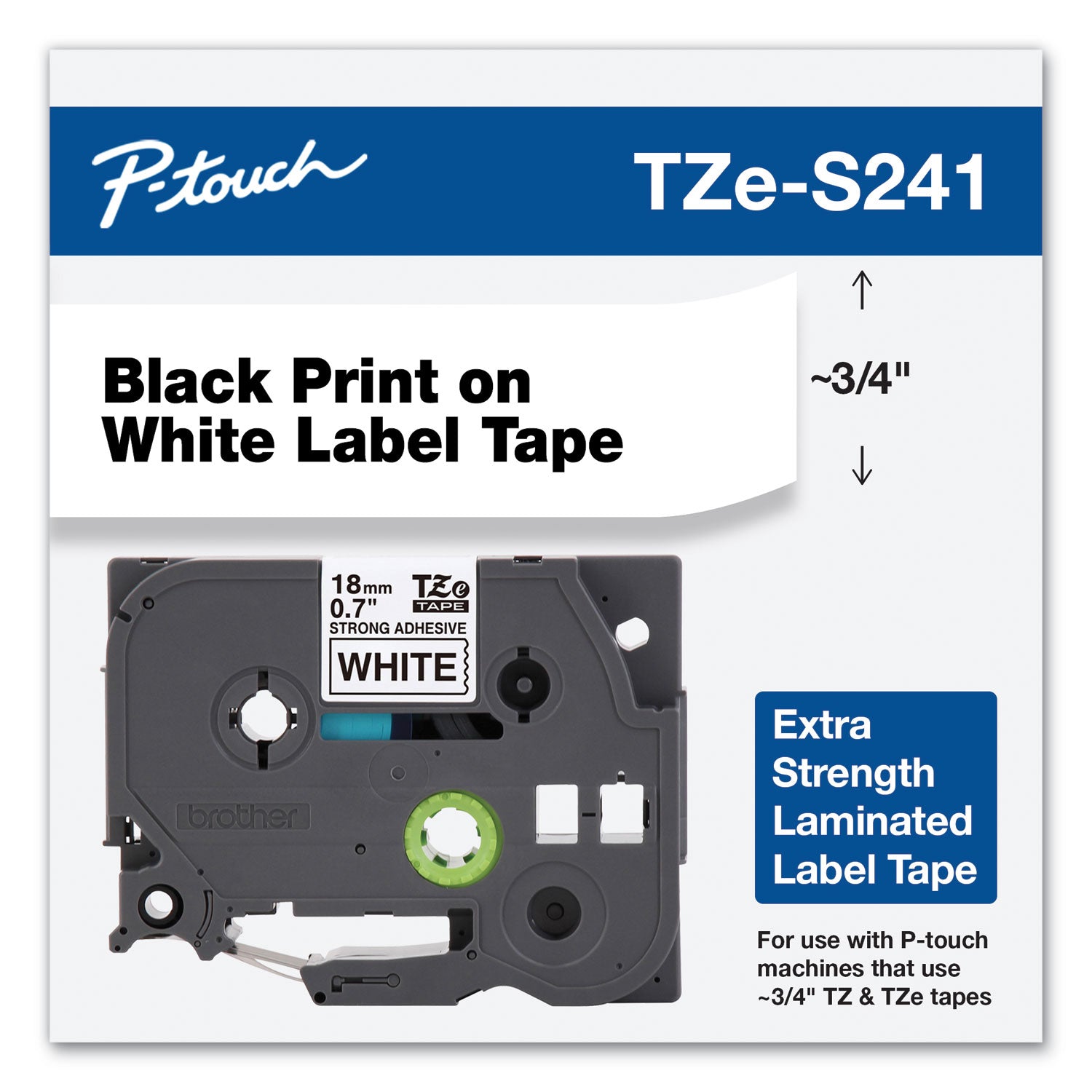 Brother P-Touch® Tze Extra-Strength Adhesive Laminated Labeling Tape, 0.7" X 26.2 Ft, Black On White