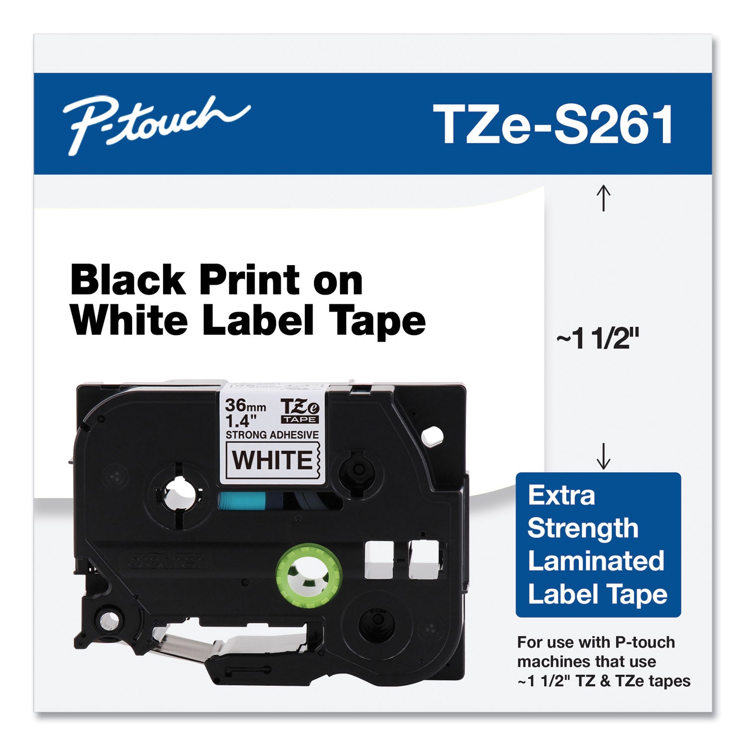 Brother P-Touch® Tz Extra-Strength Adhesive Laminated Labeling Tape, 1.4" X 26.2 Ft, Black On White