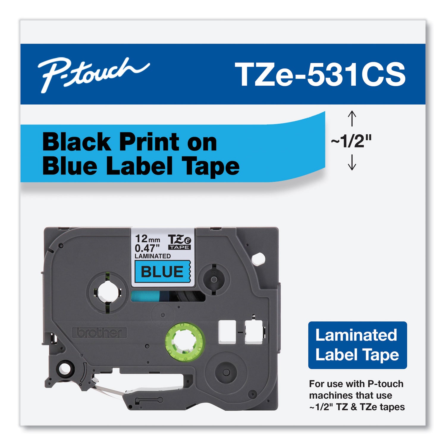 Brother P-Touch® Tze Laminated Removable Label Tapes, 0.47" X 26.2 Ft, Black On Blue