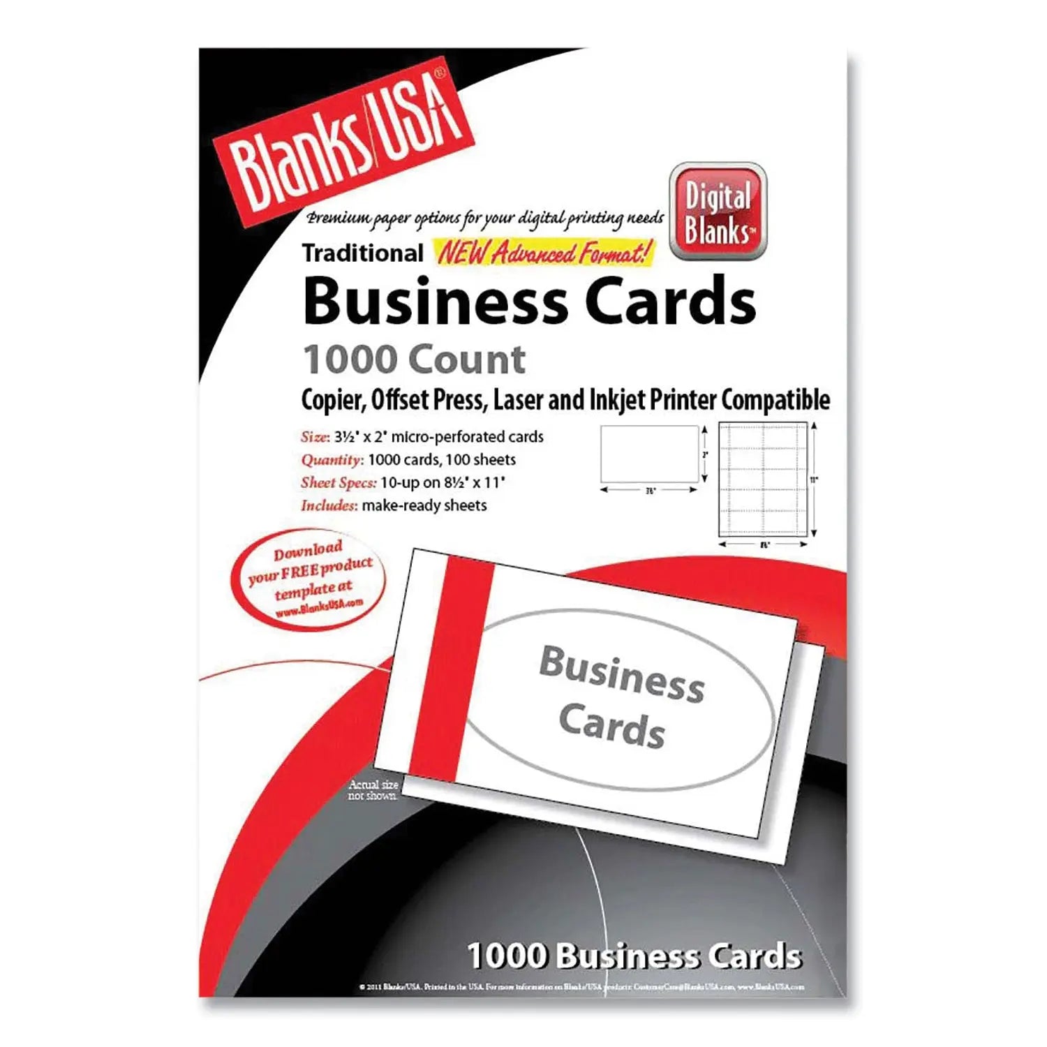 Printable Microperf Business Cards, Copier/Inkjet/Laser/Offset, 2 x 3.5, White, Bristol, 1,000 Cards, 10/Sheet, 100 Sheets/PK