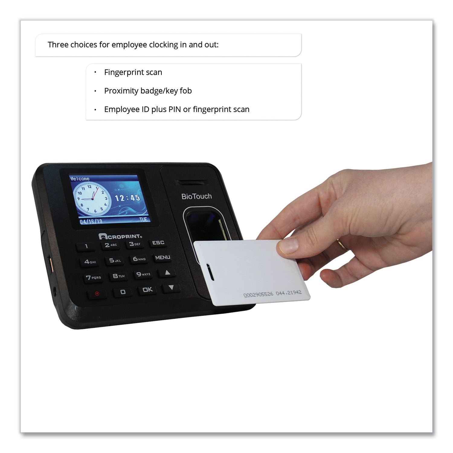 Acroprint® Biotouch Time Clock And Badges Bundle, 10,000 Employees, Black