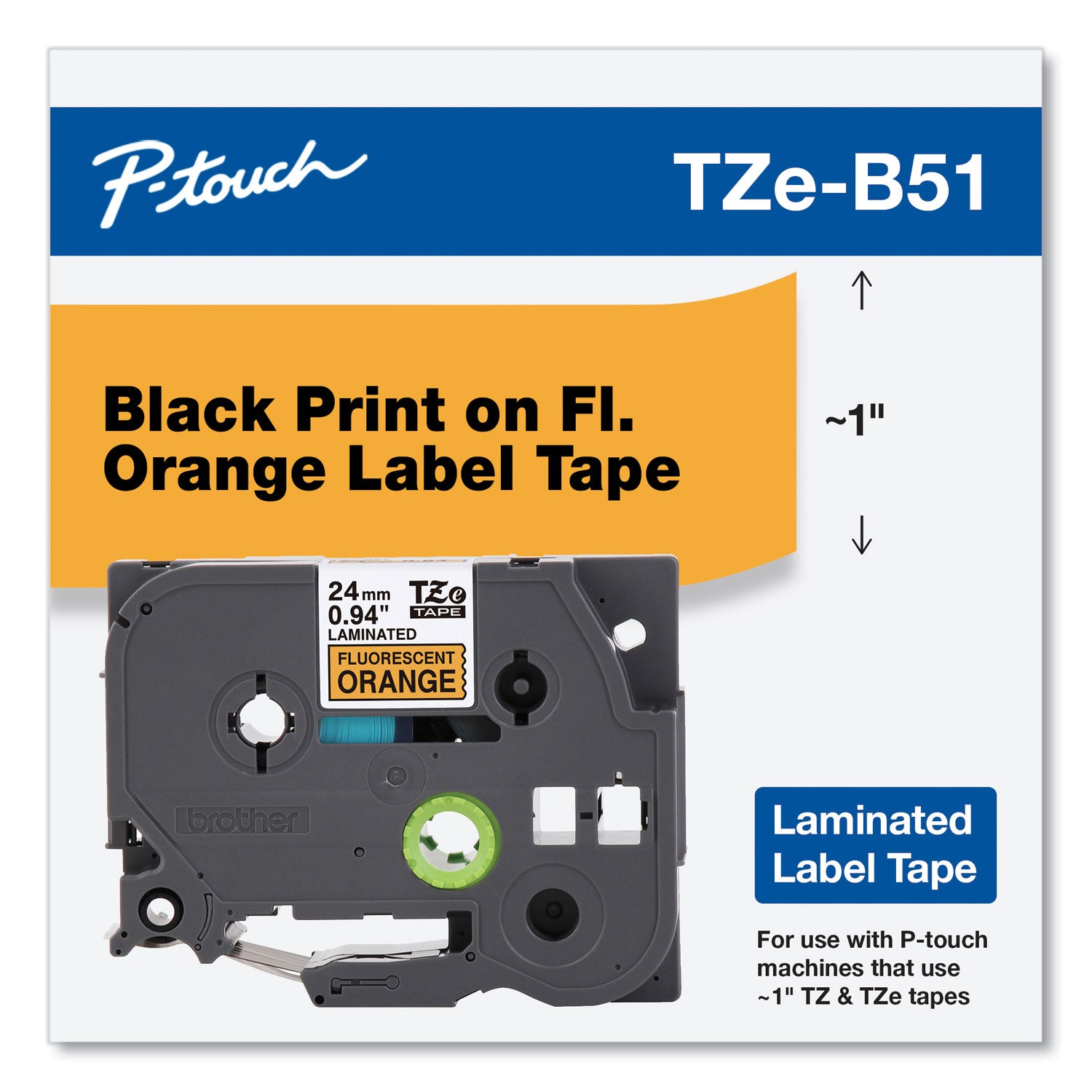 Brother P-Touch® Tz Standard Adhesive Laminated Labeling Tape, 1" X 16.4 Ft, Black On Fluorescent Orange