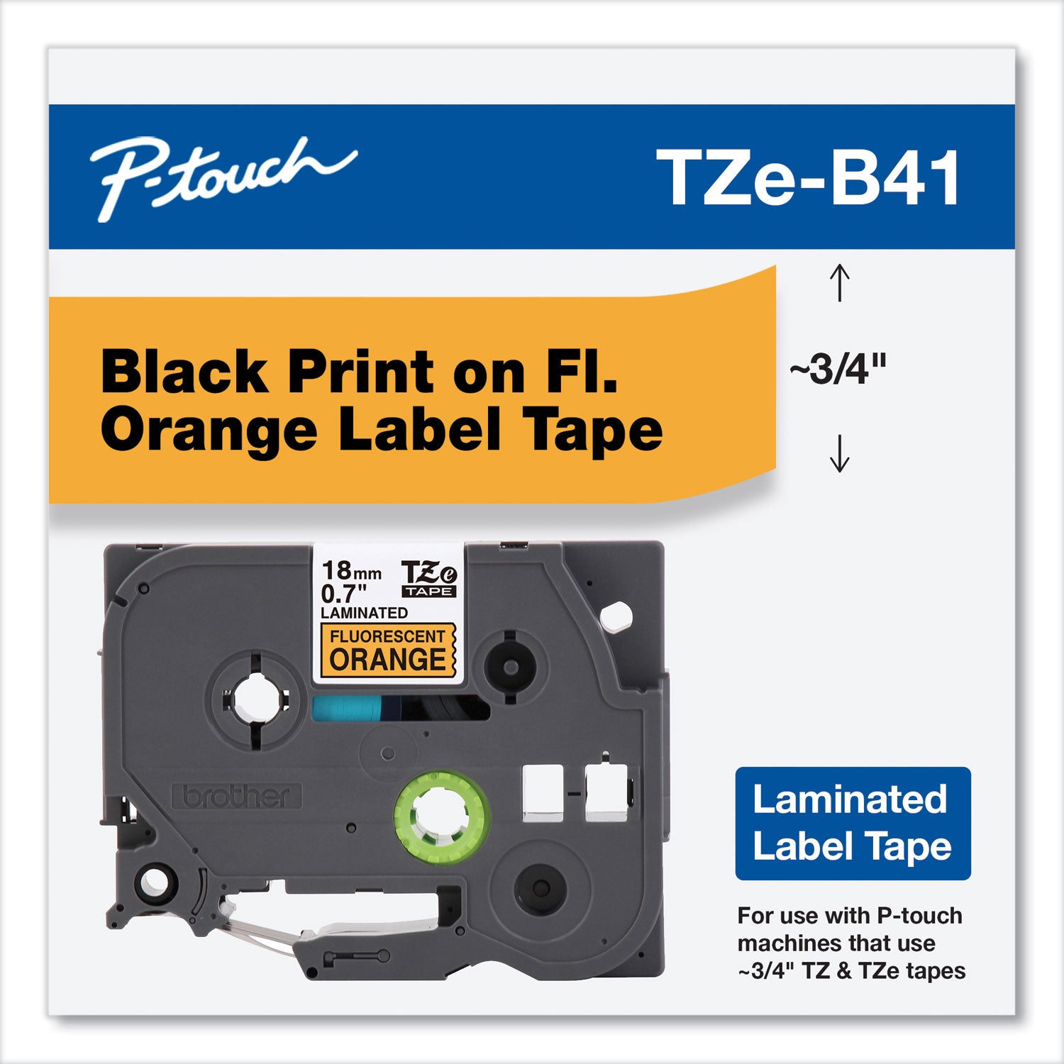 Brother P-Touch® Tz Standard Adhesive Laminated Labeling Tape, 0.7" X 16.4 Ft, Black On Fluorescent Orange