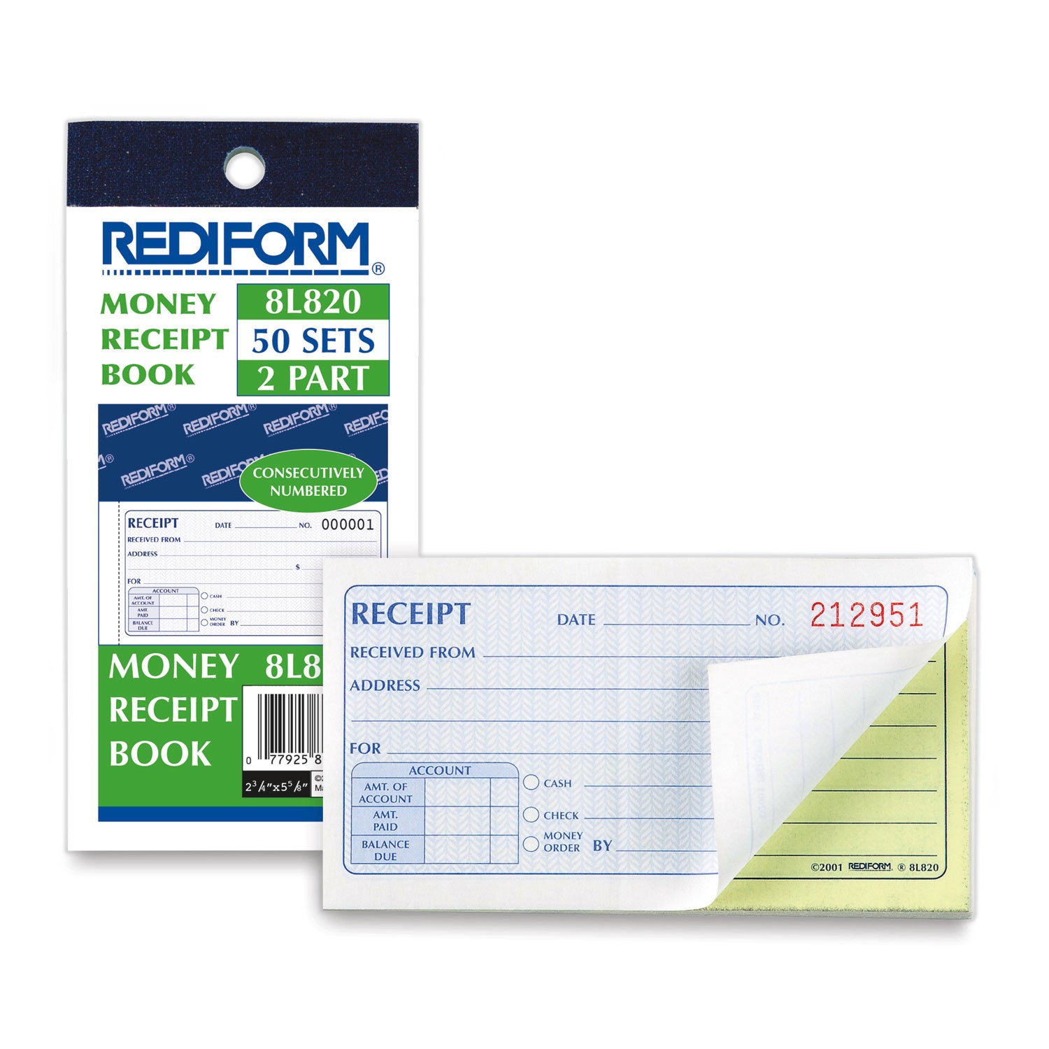 Rediform® Small Money Receipt Book, Two-Part Carbonless, 2.75 x 5, 50 Forms Total