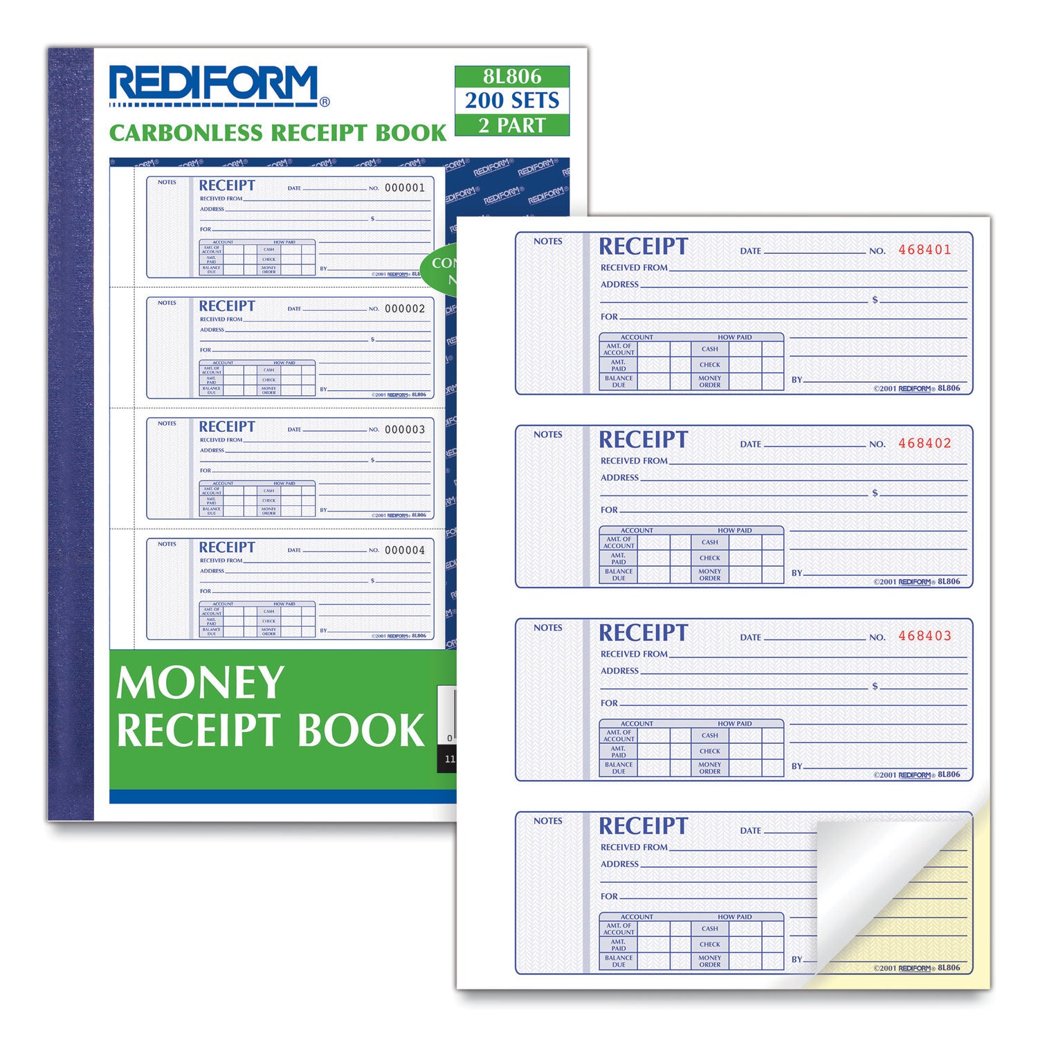 Rediform® Money Receipt Book, Softcover, Two-Part Carbonless, 7 x 2.75, 4 Forms/Sheet, 200 Forms Total