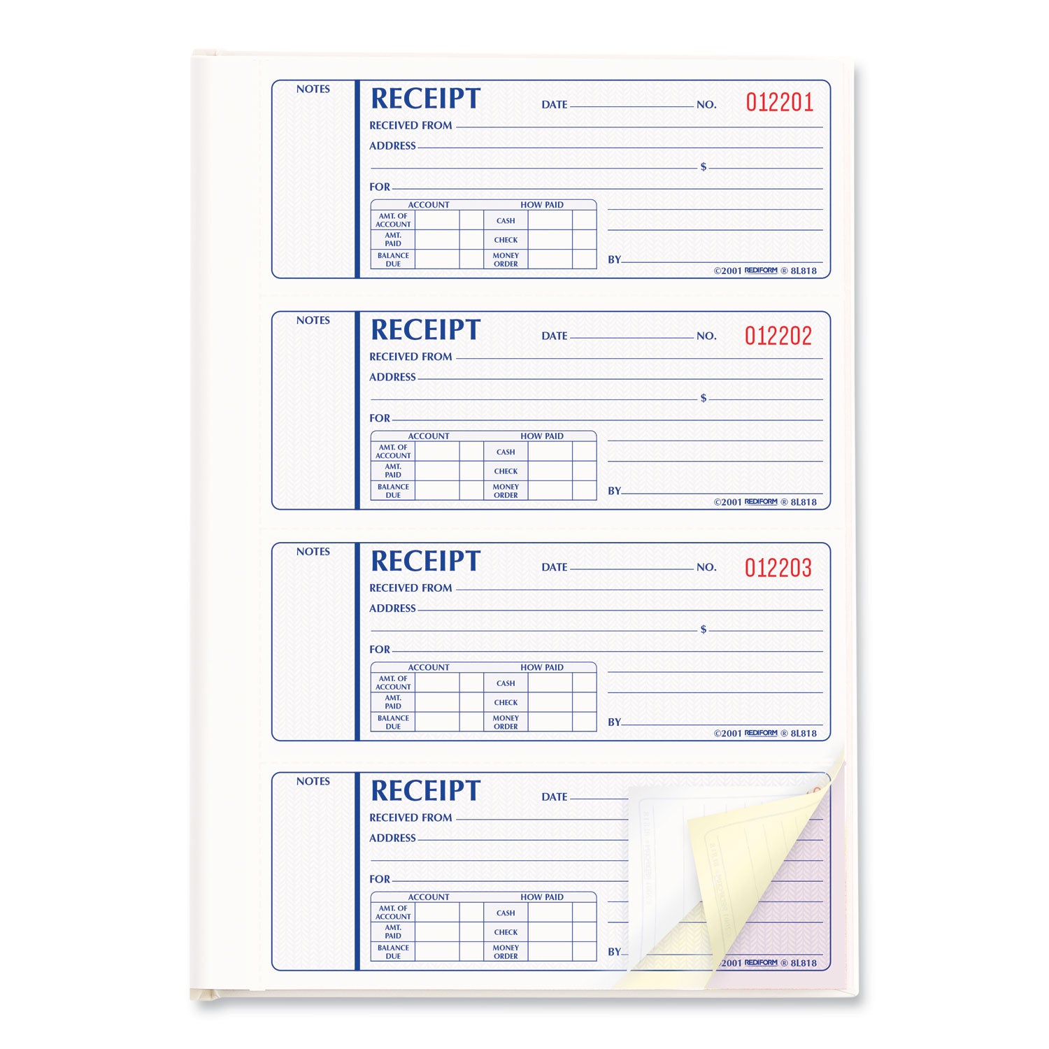 Rediform® Money Receipt Book, Hardcover, Three-Part Carbonless, 7 x 2.75, 4 Forms/Sheet, 200 Forms Total