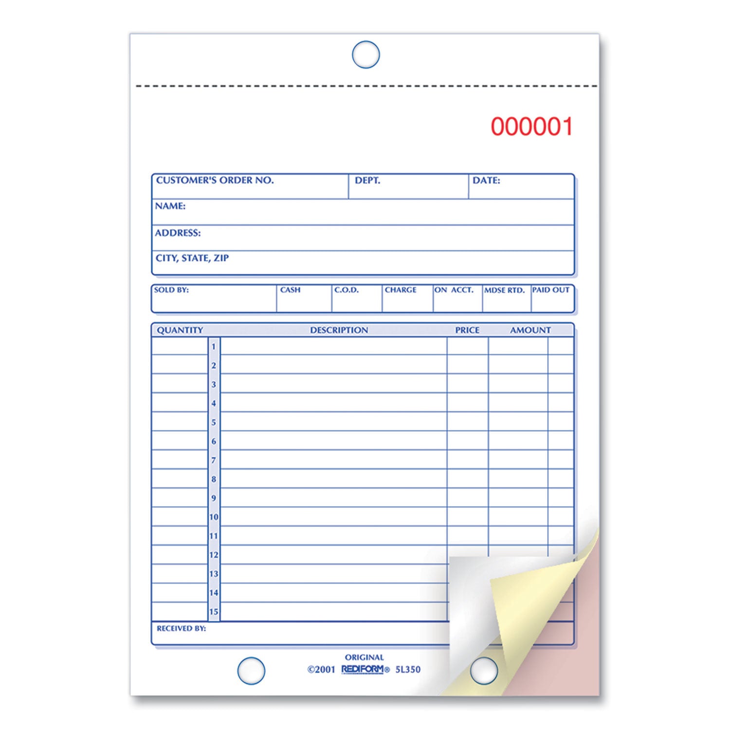 Rediform® Sales Book, 15 Lines, Three-Part Carbonless, 5.5 x 7.88, 50 Forms Total