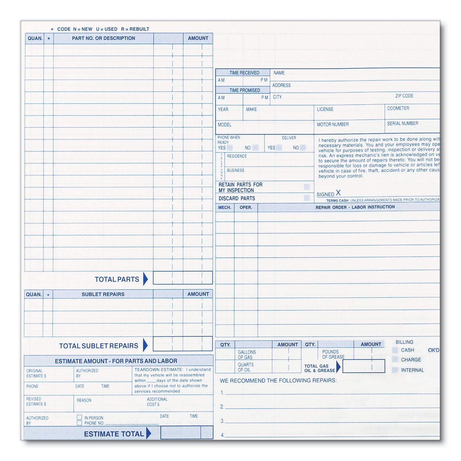 Rediform® Speediset Four-Part Auto Repair Form, Four-Part Carbonless, 11 x 8.5, 50 Forms Total