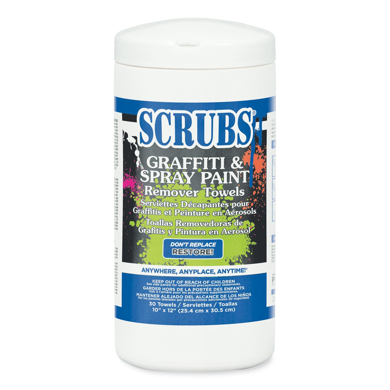 SCRUBS® Graffiti and Paint Remover Towels, Citrus, 10 x 12, Neutral Scent, Orange on White, 30/Canister, 6 Canisters/Carton
