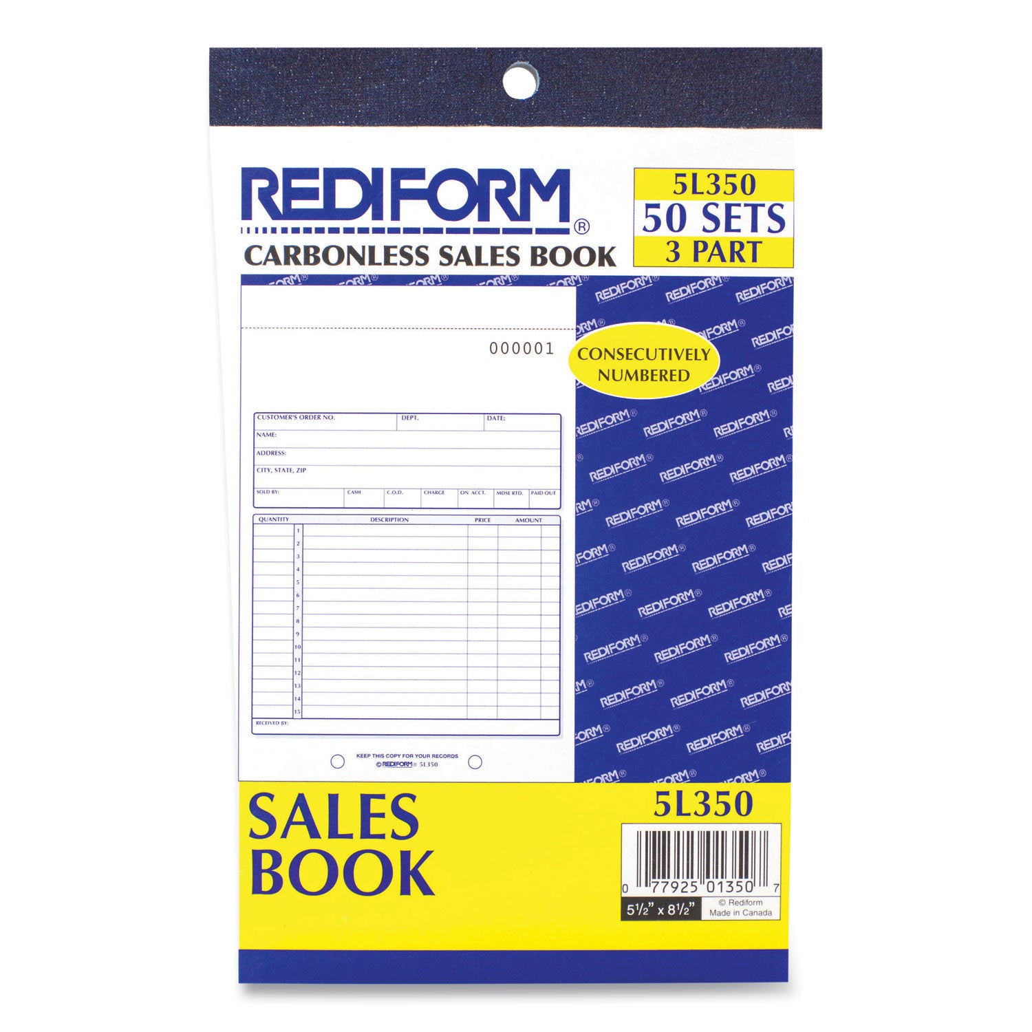 Rediform® Sales Book, 15 Lines, Three-Part Carbonless, 5.5 x 7.88, 50 Forms Total