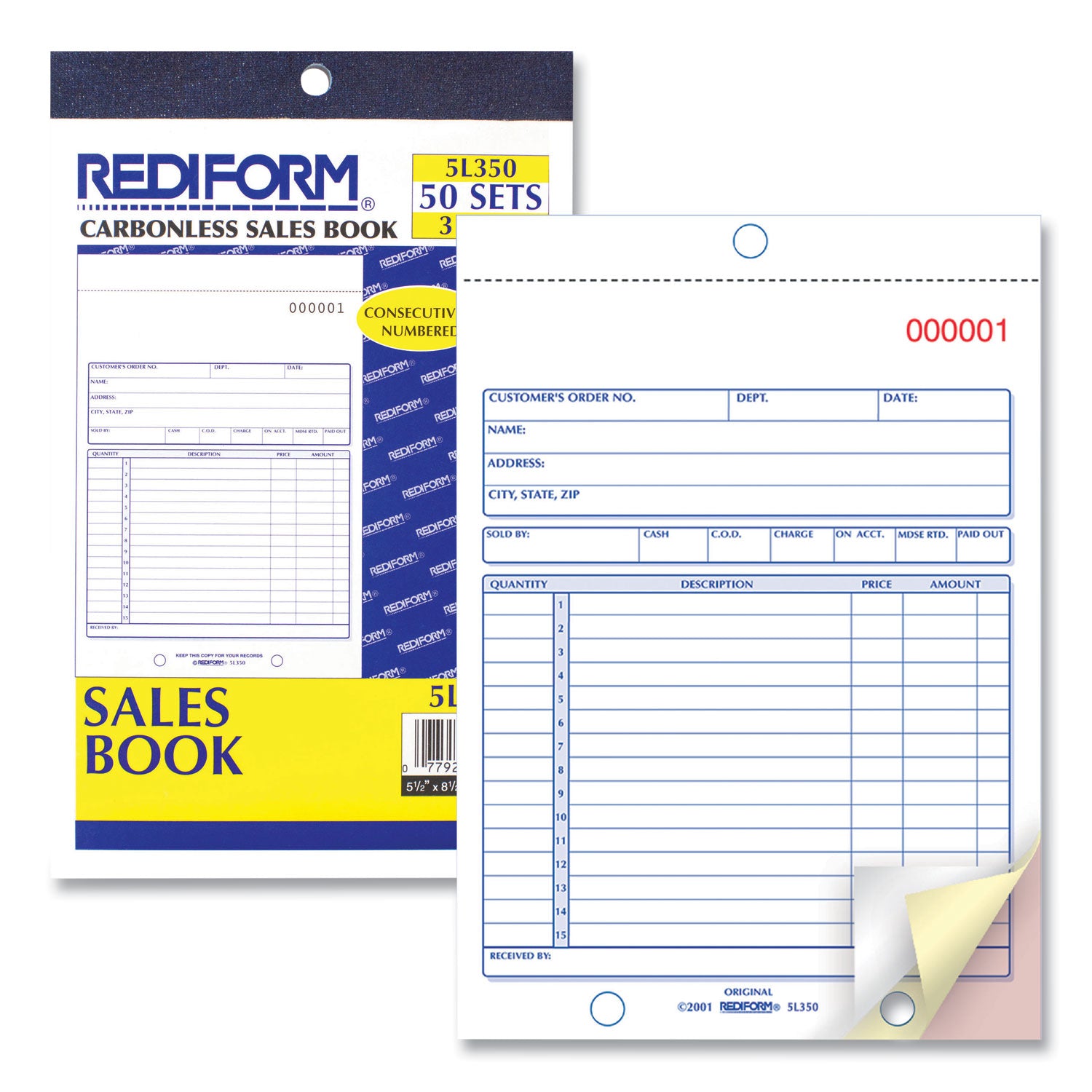 Rediform® Sales Book, 15 Lines, Three-Part Carbonless, 5.5 x 7.88, 50 Forms Total