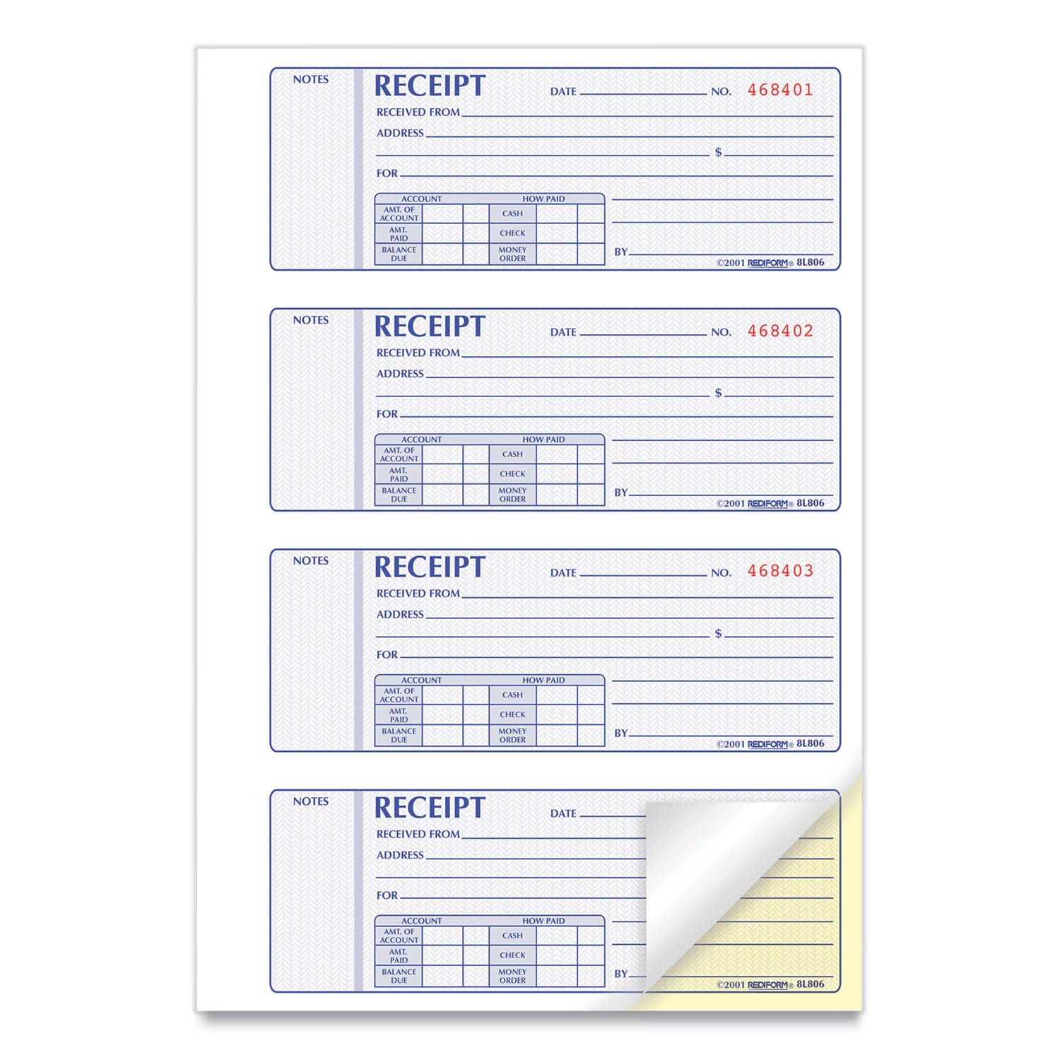 Rediform® Money Receipt Book, Softcover, Two-Part Carbonless, 7 x 2.75, 4 Forms/Sheet, 200 Forms Total