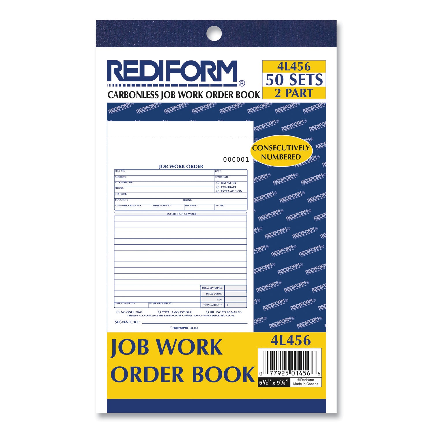 Rediform® Job Work Order Book, Two-Part Carbonless, 5.5 x 8.5, 50 Forms Total