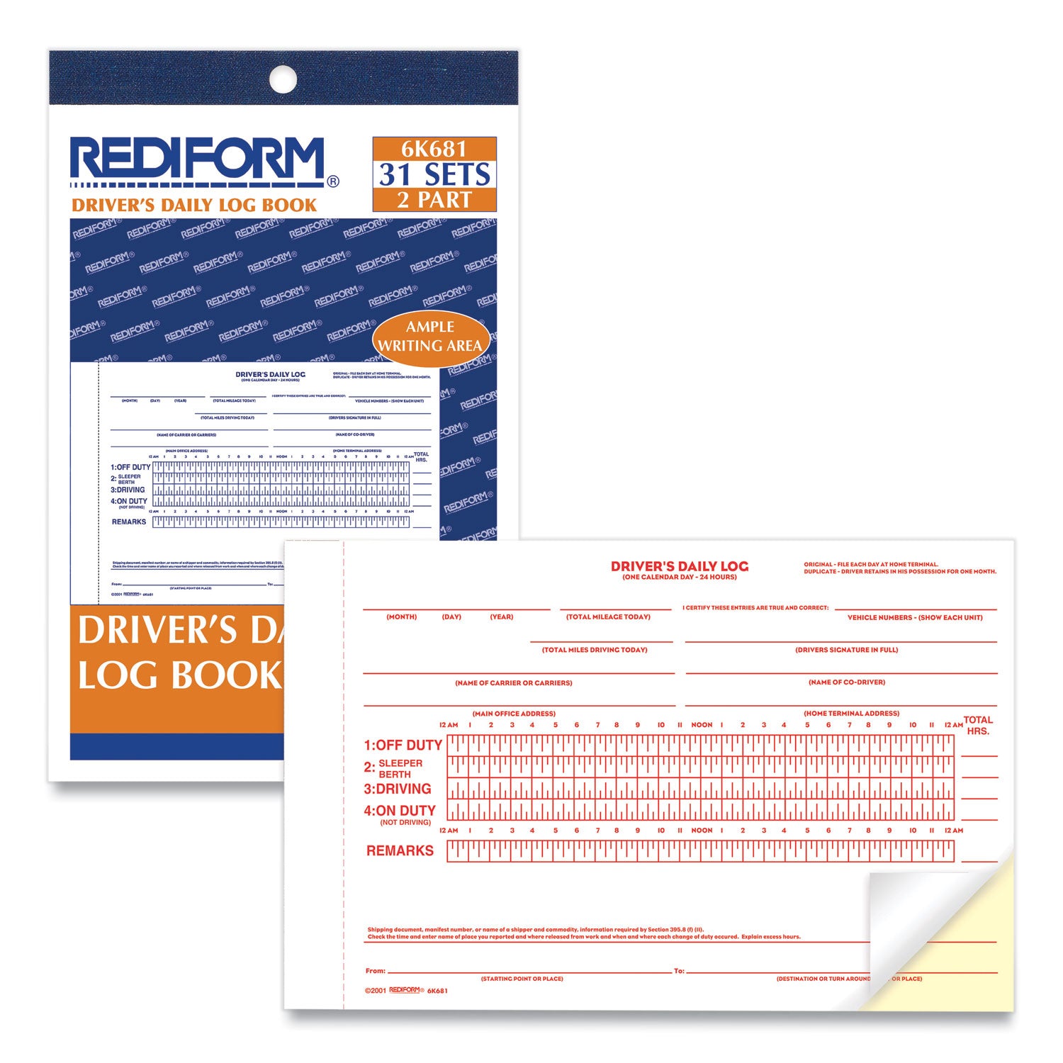 Rediform® Driver's Daily Log Book with Daily Record and Hours Summary, Two-Part Carbonless, 7.88 x 5.5, 31 Forms Total